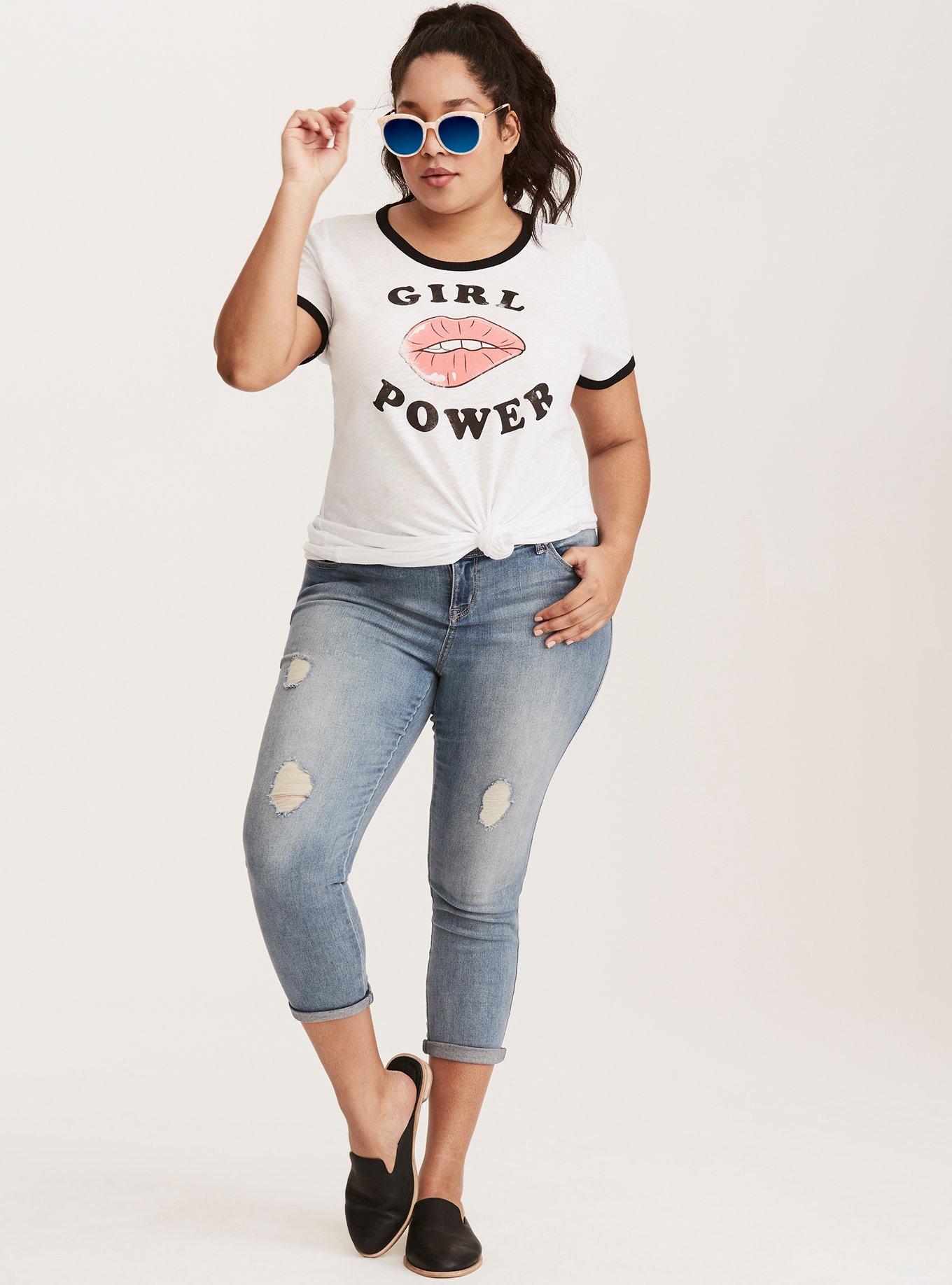 Plus Size White Classic Fit Girl Power Ringer Tee, DEEP BLACK, hi-res