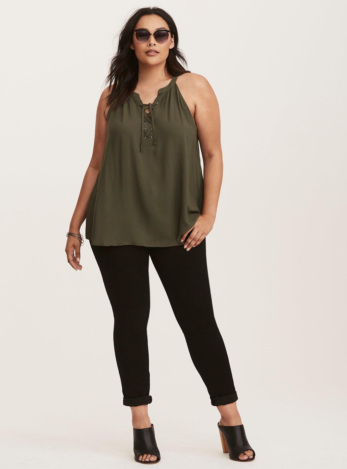 Lace Up Mock Neck Tank Top, OLIVE, alternate