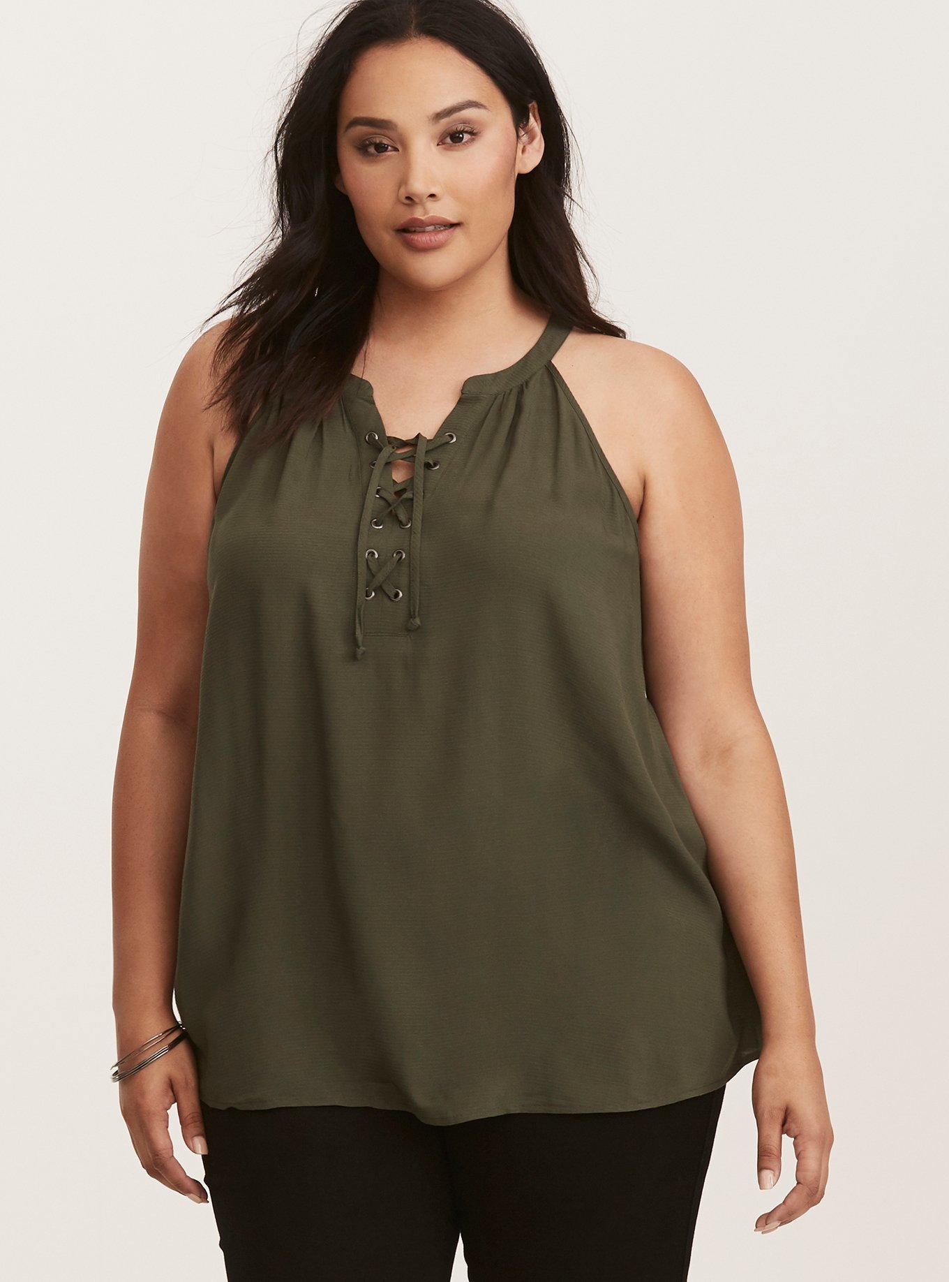 Plus Size Lace Up Mock Neck Tank Top, , hi-res