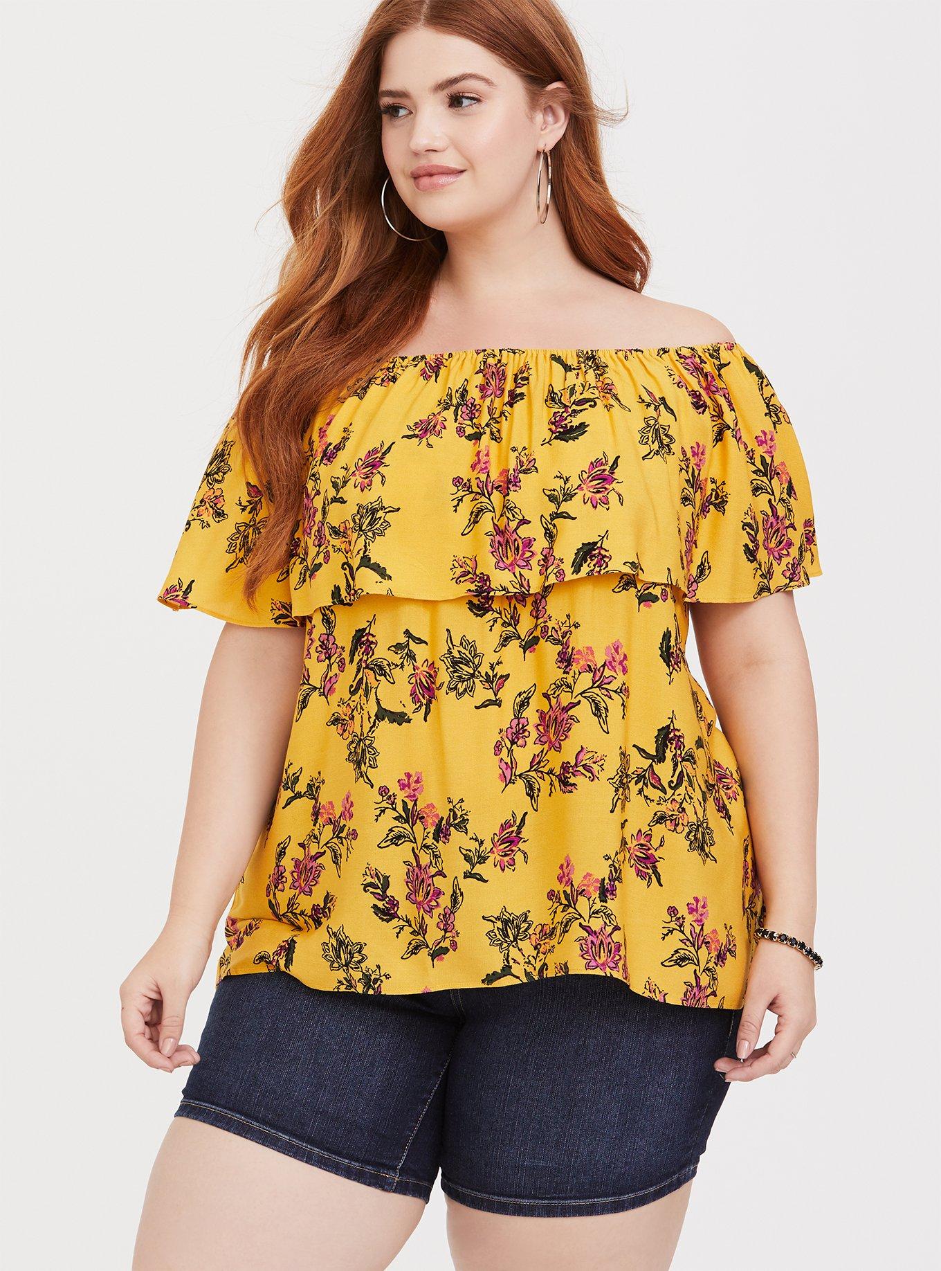 Torrid • Yellow Floral sold Off the Shoulder Top Blouse 1 1X 14/16 Lace Up Plus Size