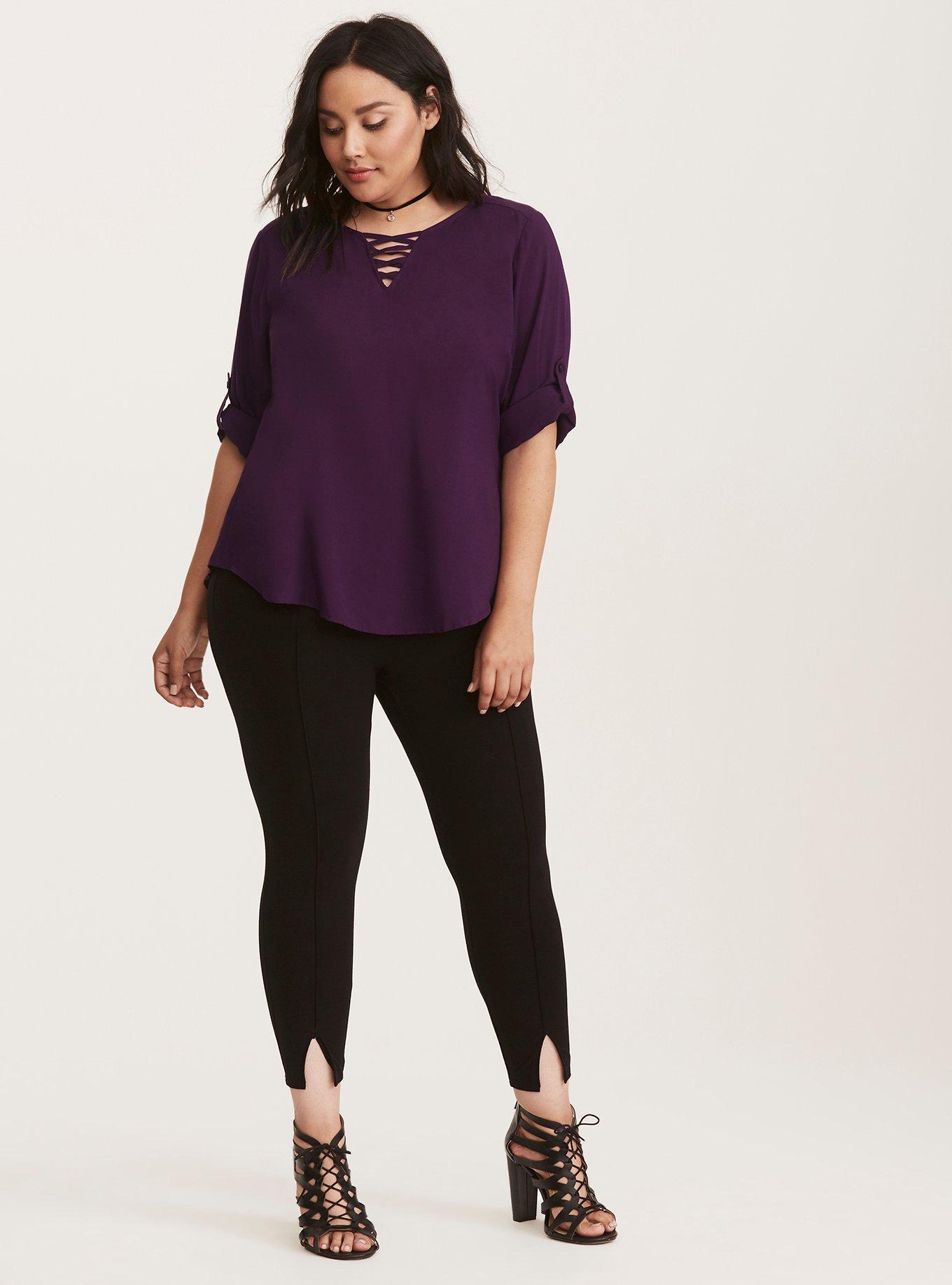 Plus Size Challis Strappy Front Pullover Top, AUBERGINE, alternate