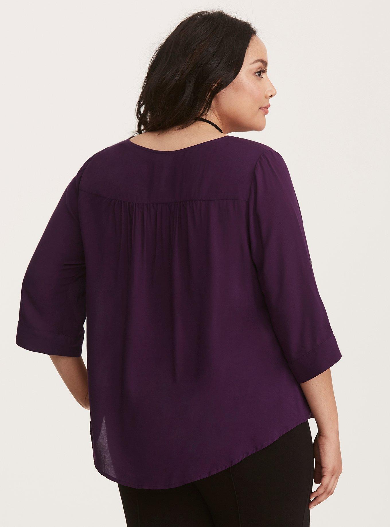 Plus Size Challis Strappy Front Pullover Top, AUBERGINE, alternate