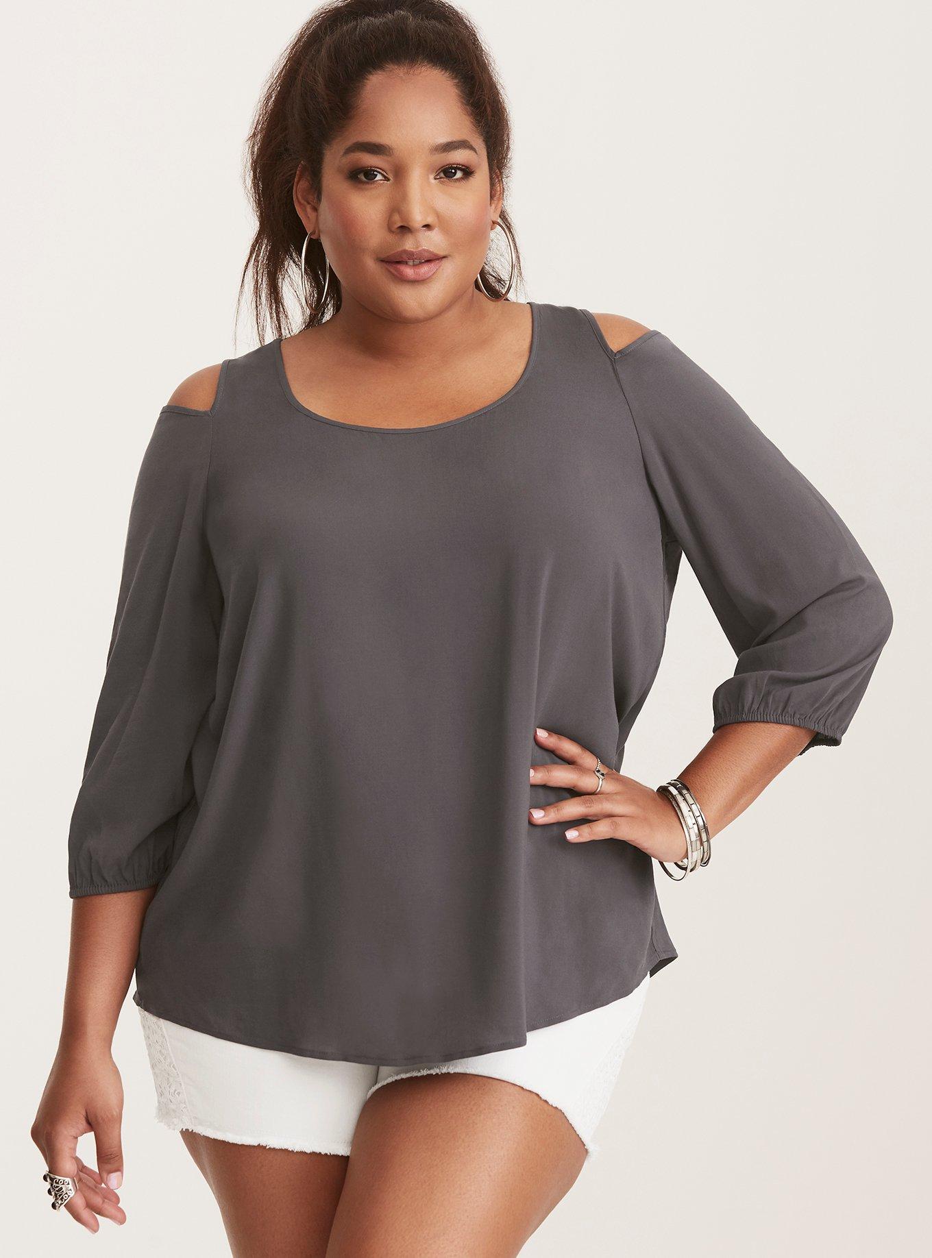 Stretch Challis Cold Shoulder Blouse, NINE IRON, hi-res