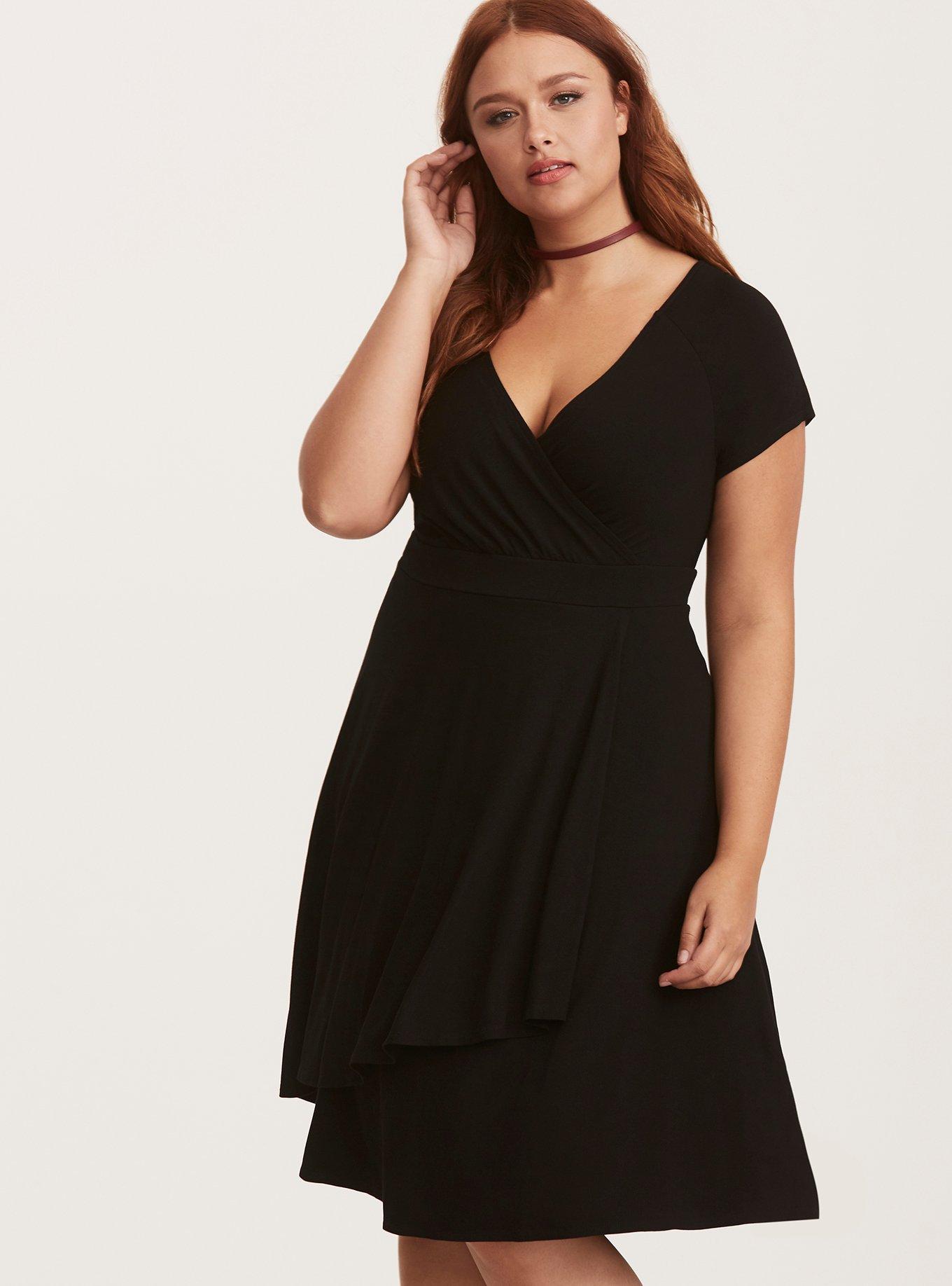 Black Jersey Faux Wrap Dress, DEEP BLACK, hi-res