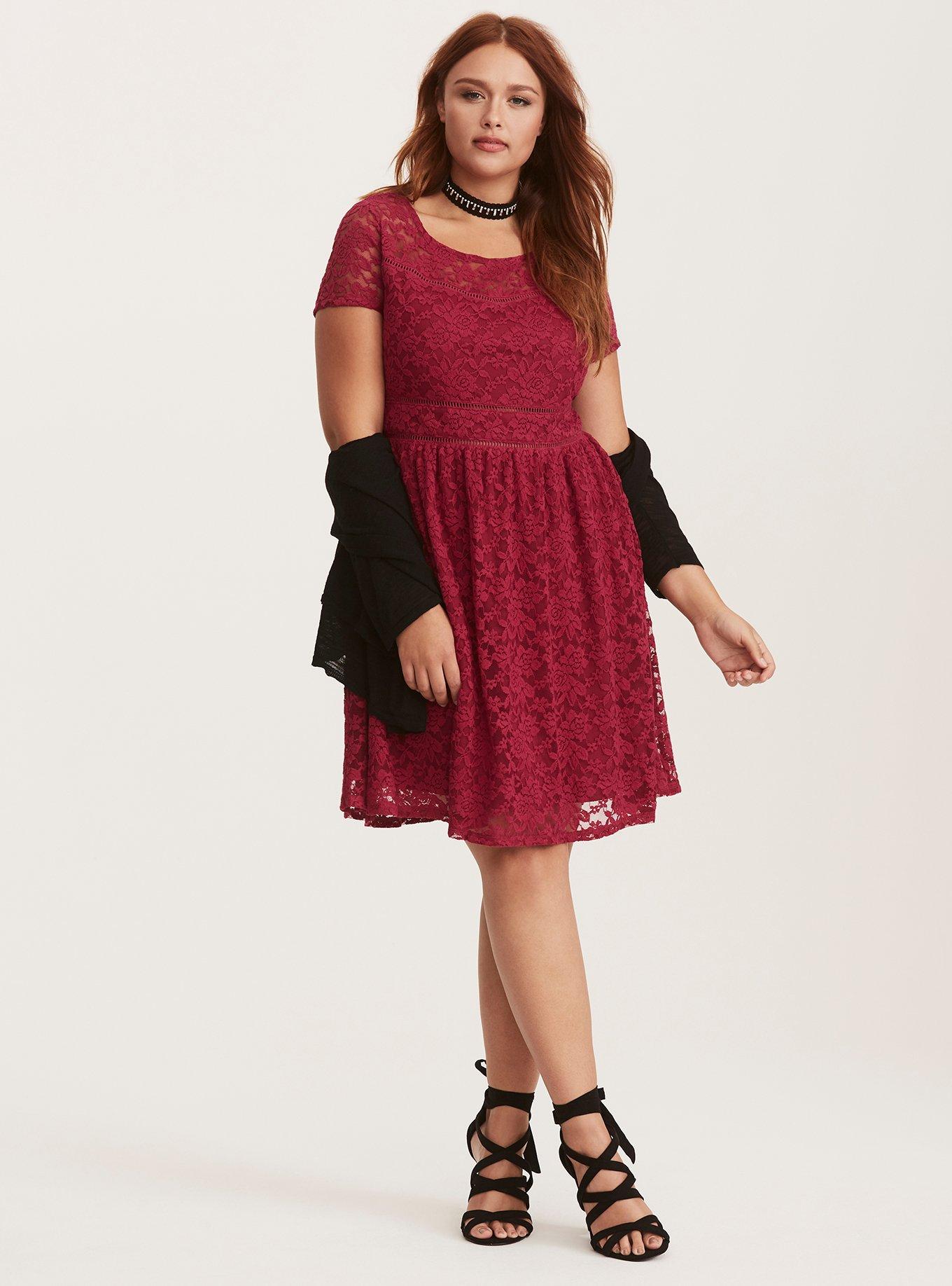 Plus Size Berry Red Lace Scoop Skater Dress, VELVET ROSE, alternate