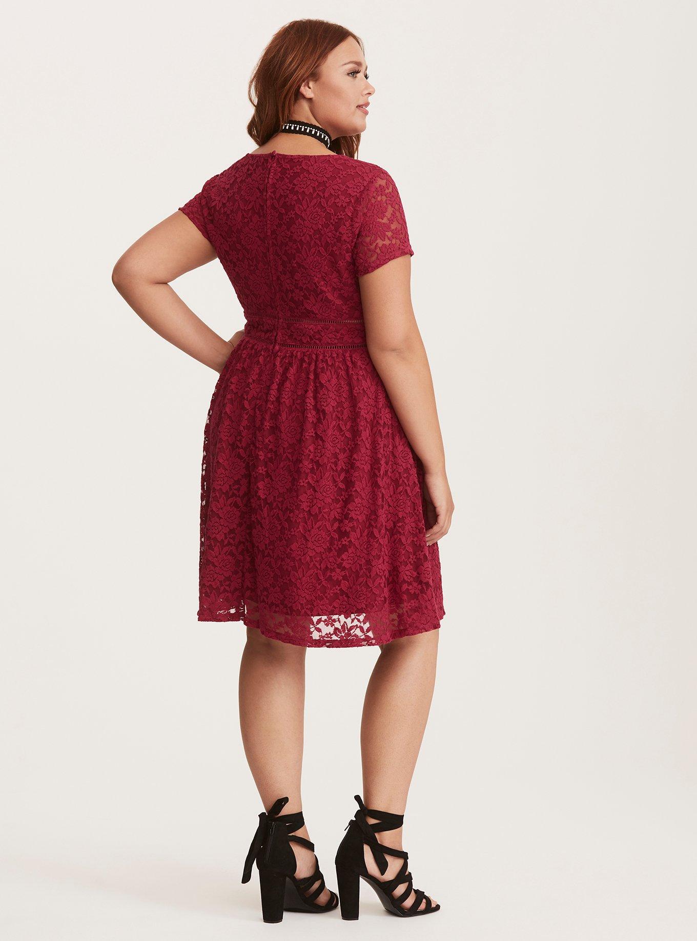 Plus Size Berry Red Lace Scoop Skater Dress, VELVET ROSE, alternate