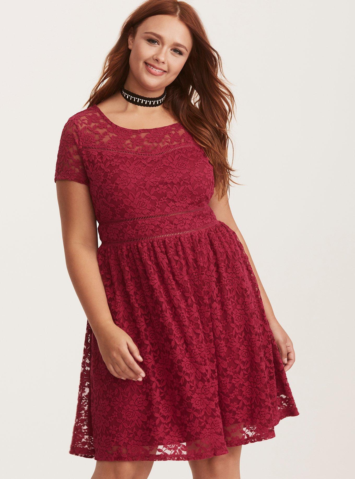 Plus Size - Berry Red Lace Scoop Skater Dress - Torrid