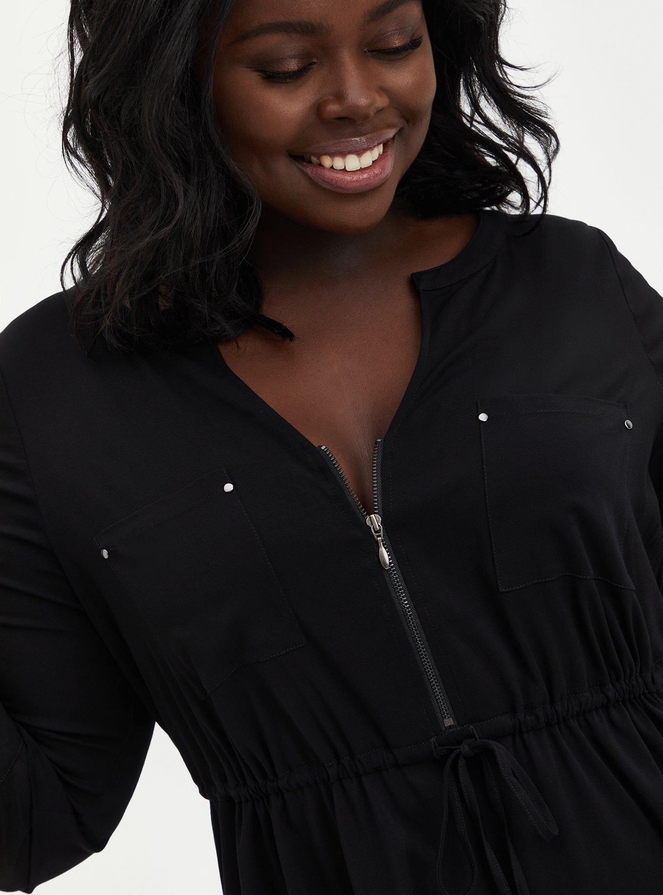 Mini Challis Zip-Front Shirt Dress, BLACK, alternate