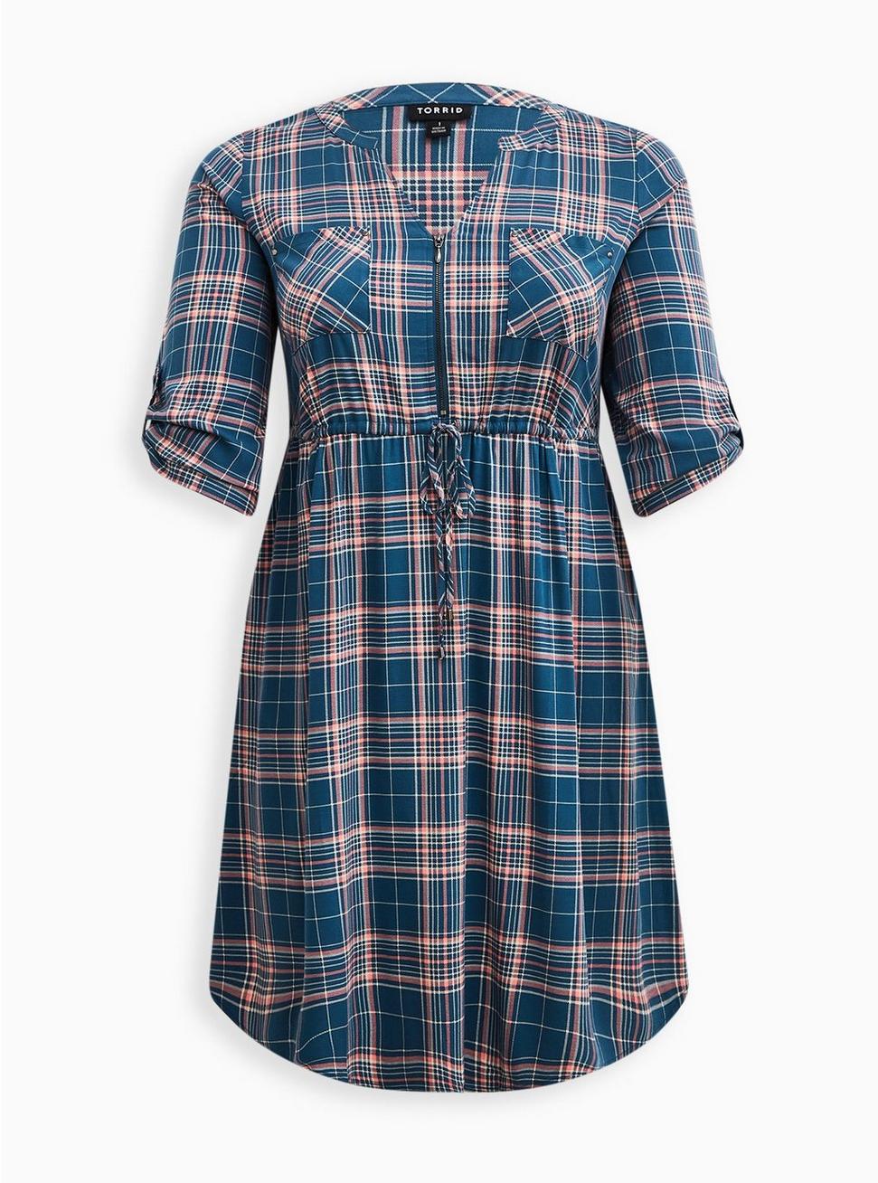 Mini Challis Zip-Front Shirt Dress, PLAID BLUE, hi-res