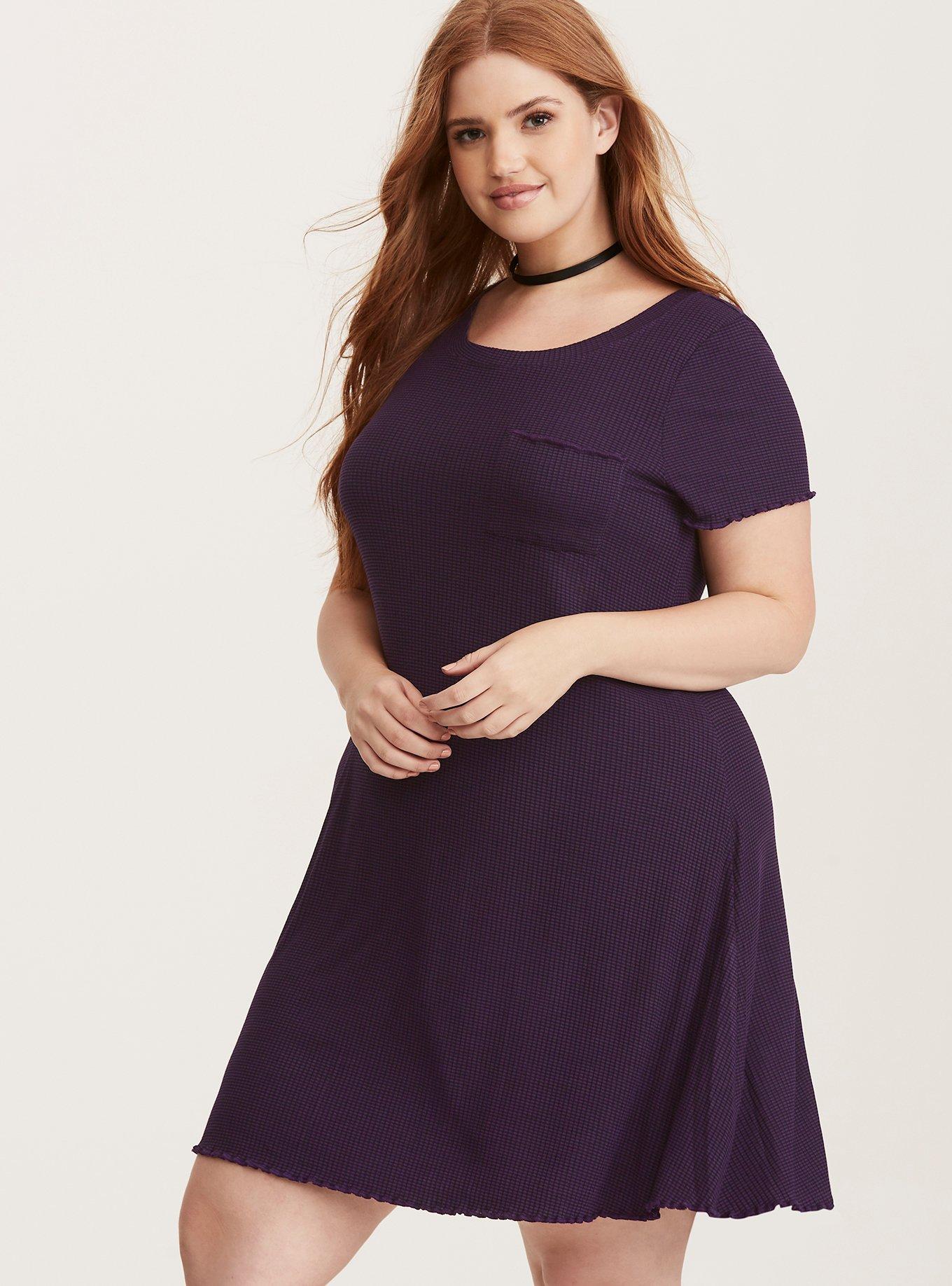 Plus Size Purple & Black Ribbed Knit Skater Dress, AUBERGINE, alternate
