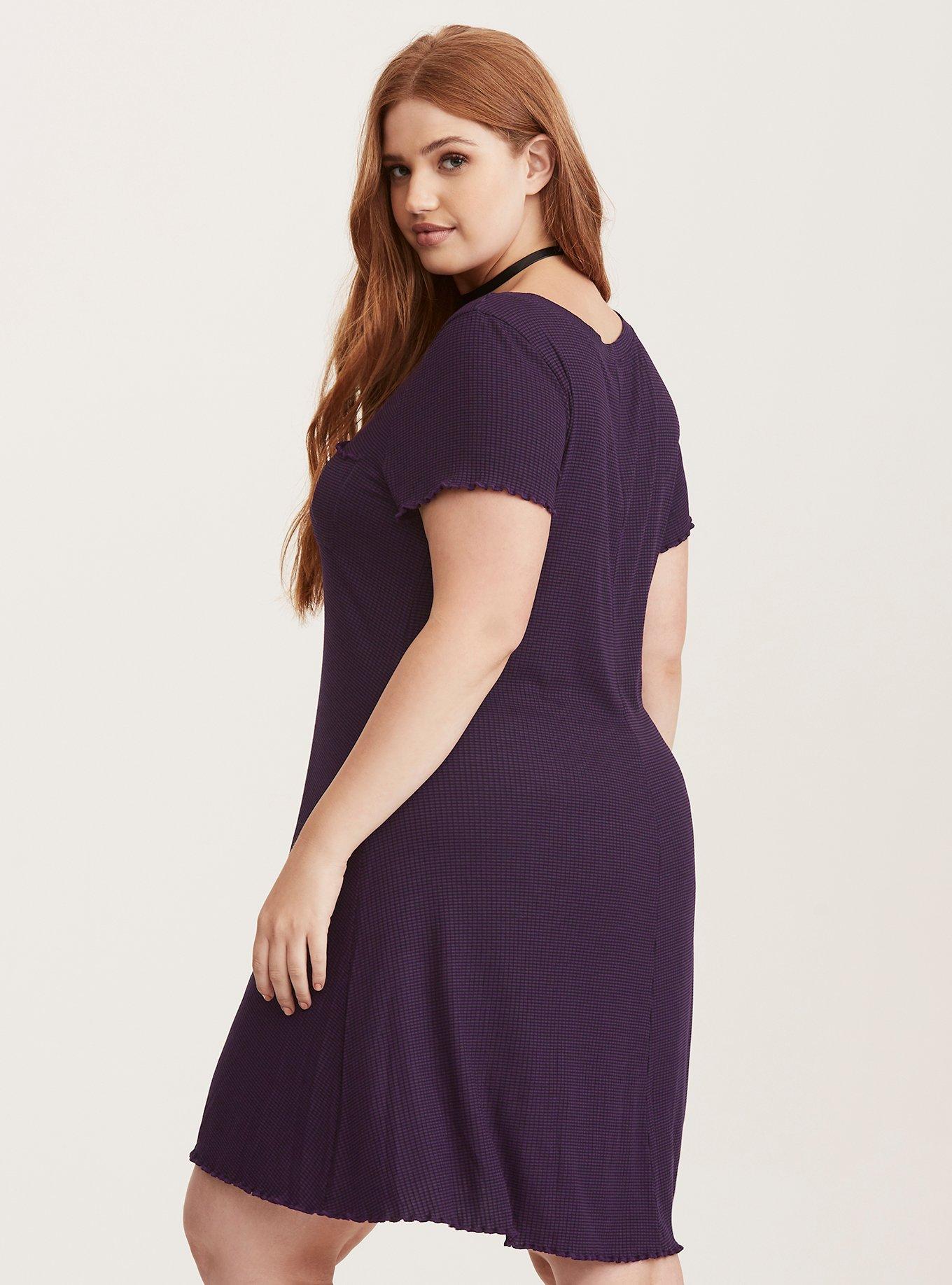 Plus Size Purple & Black Ribbed Knit Skater Dress, AUBERGINE, alternate