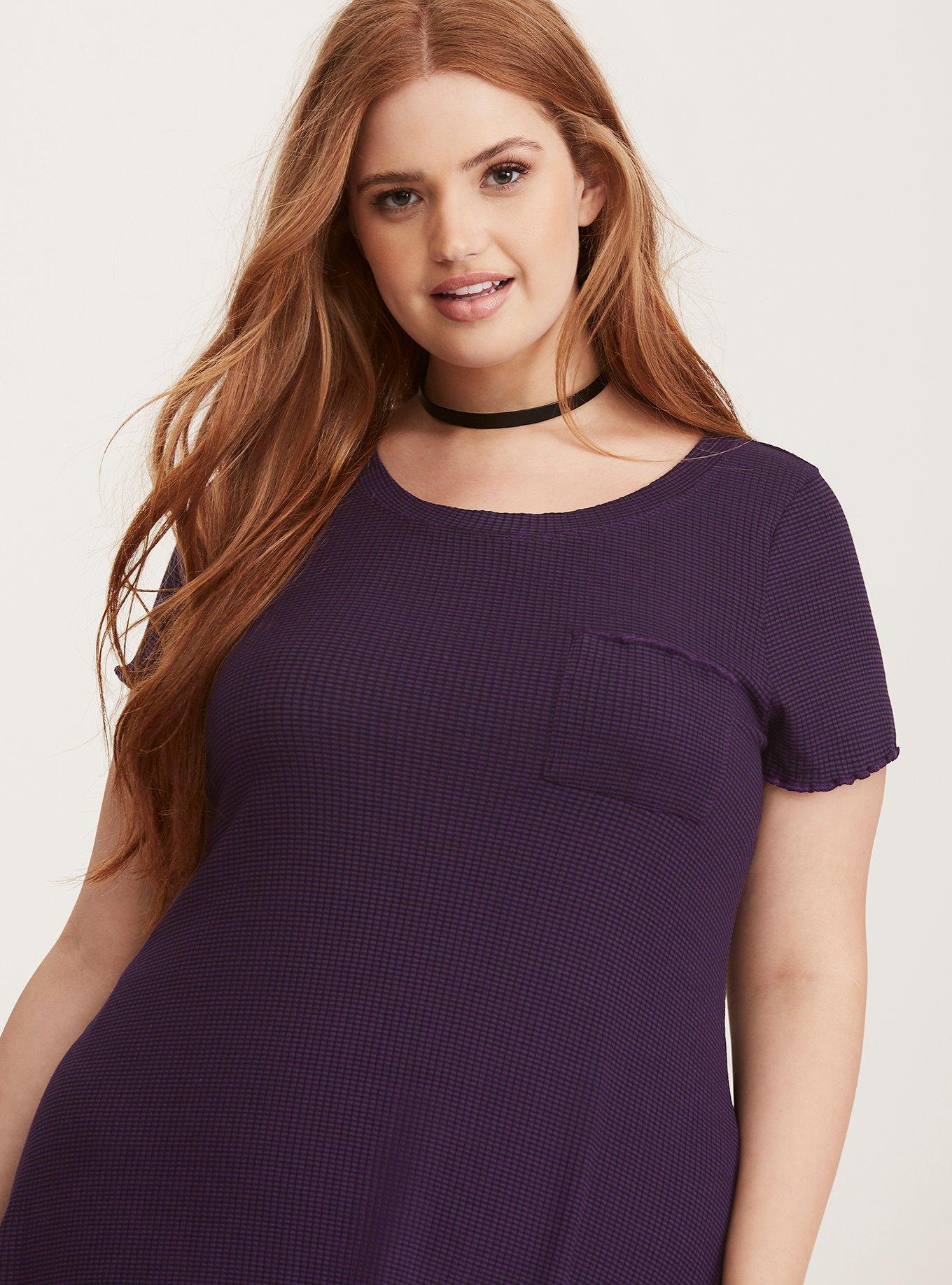 Plus Size Purple & Black Ribbed Knit Skater Dress, AUBERGINE, alternate