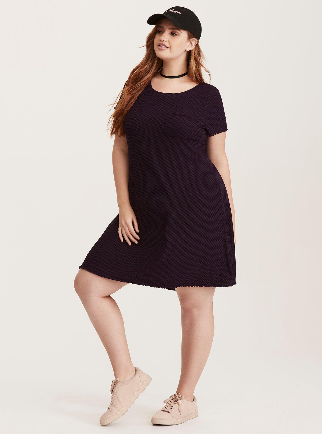 Plus Size - Purple & Black Ribbed Knit Skater Dress - Torrid