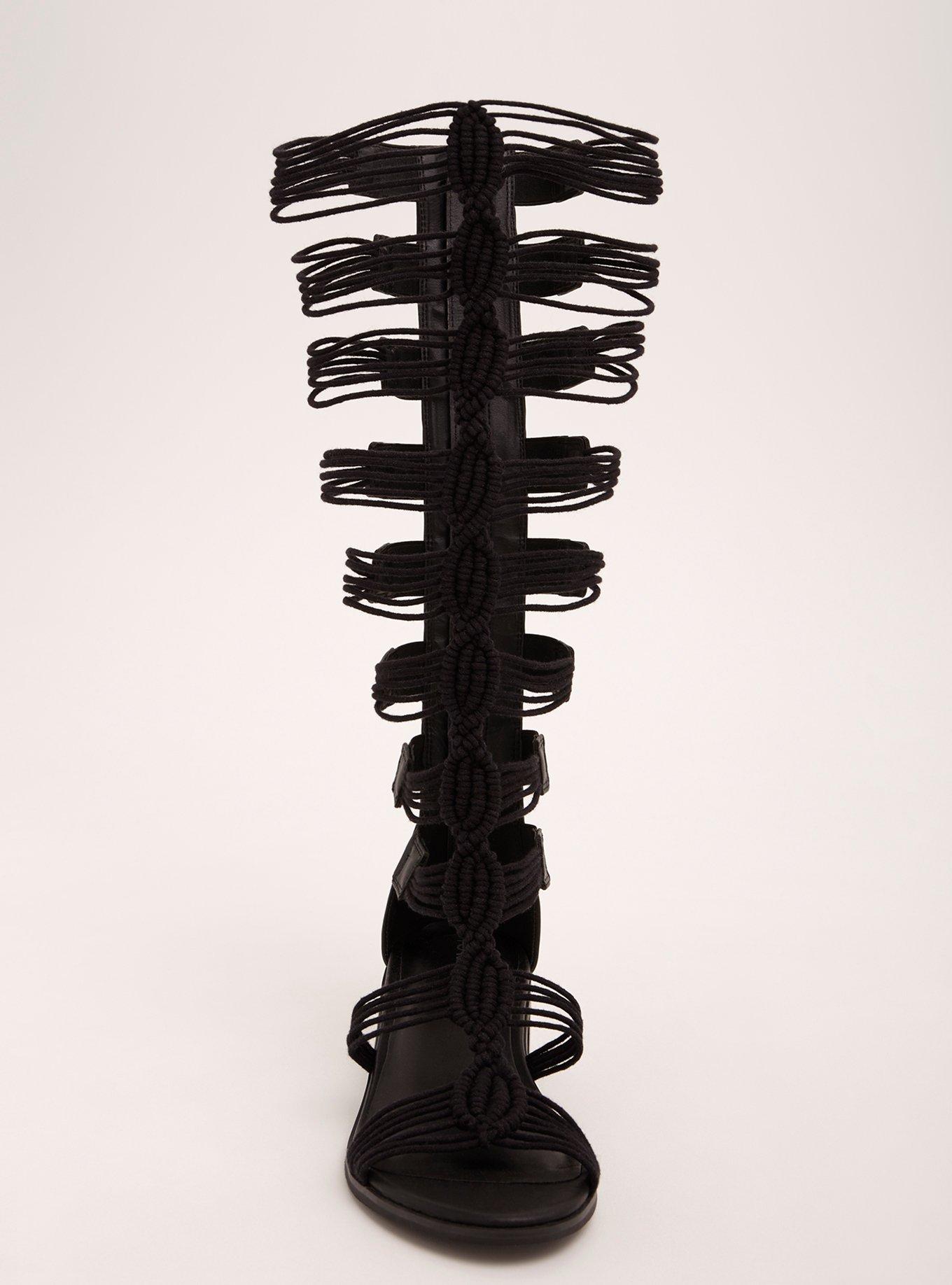 Plus Size Thin Strappy Knee-High Gladiator Block Heels (WW), BLACK, alternate