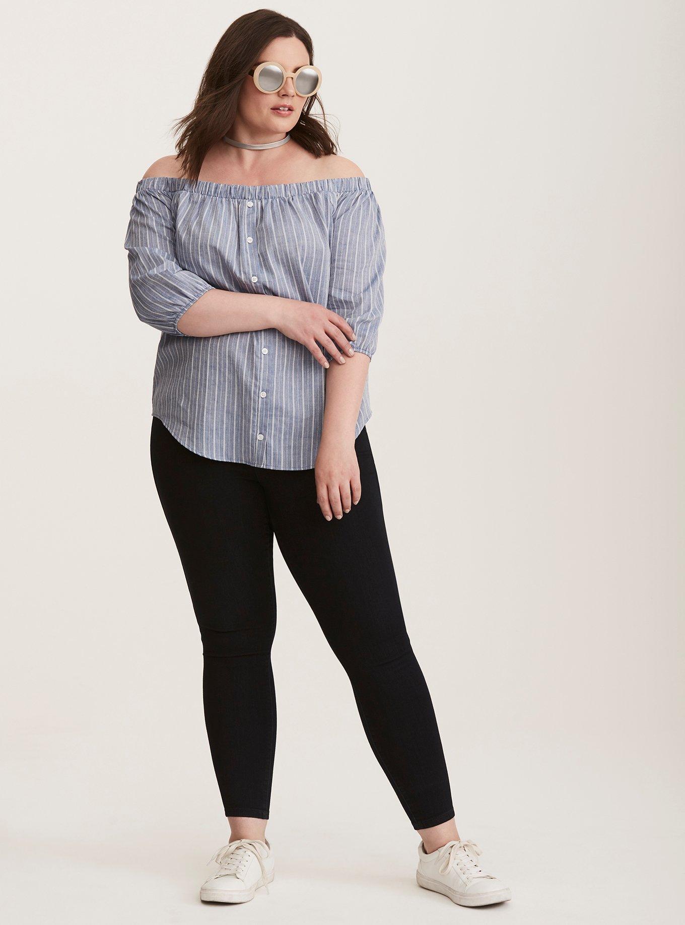 Plus Size Chambray Striped Button Front Off Shoulder Top, CHAMBRAY, alternate