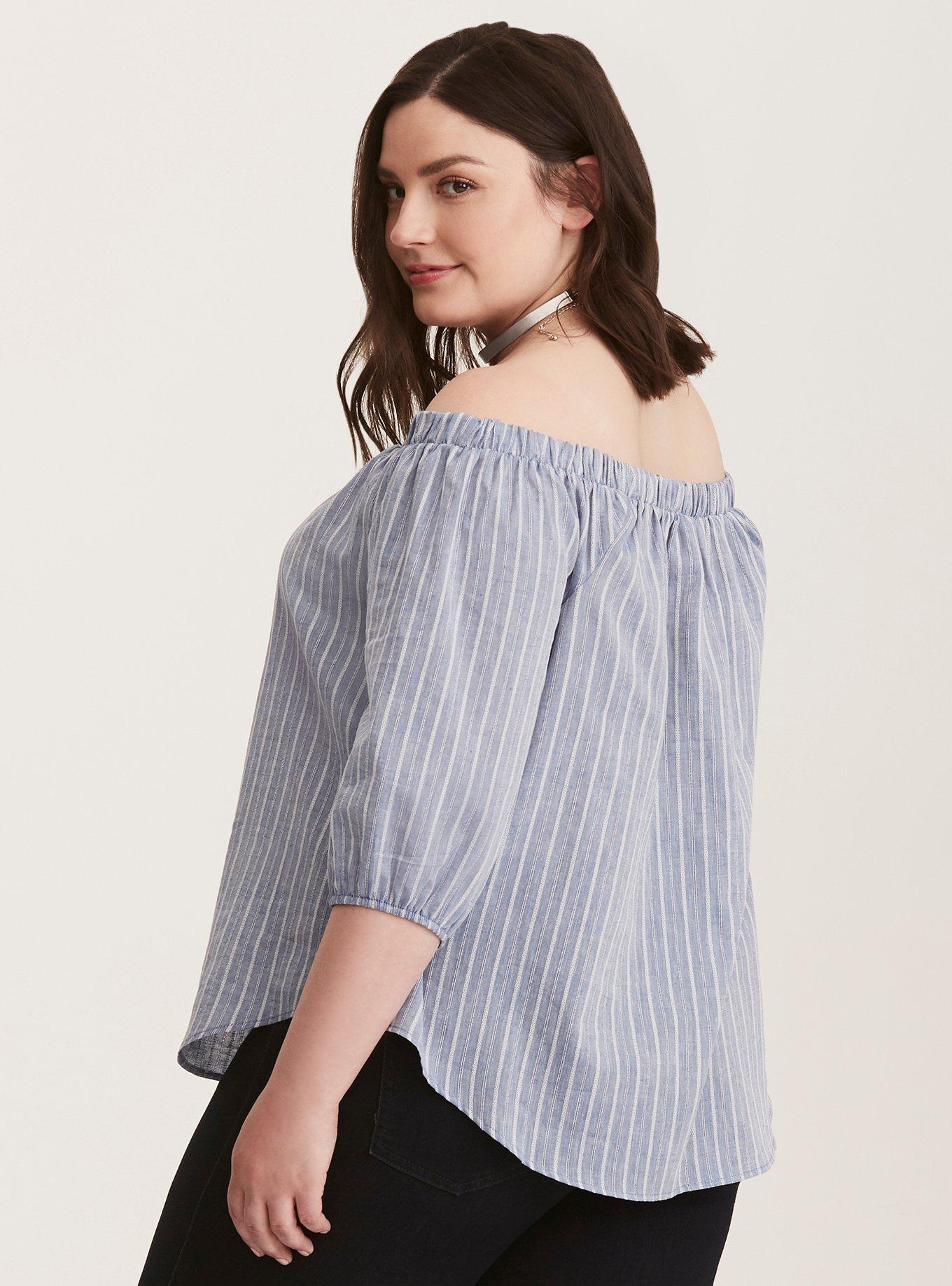 Plus Size Chambray Striped Button Front Off Shoulder Top, CHAMBRAY, alternate