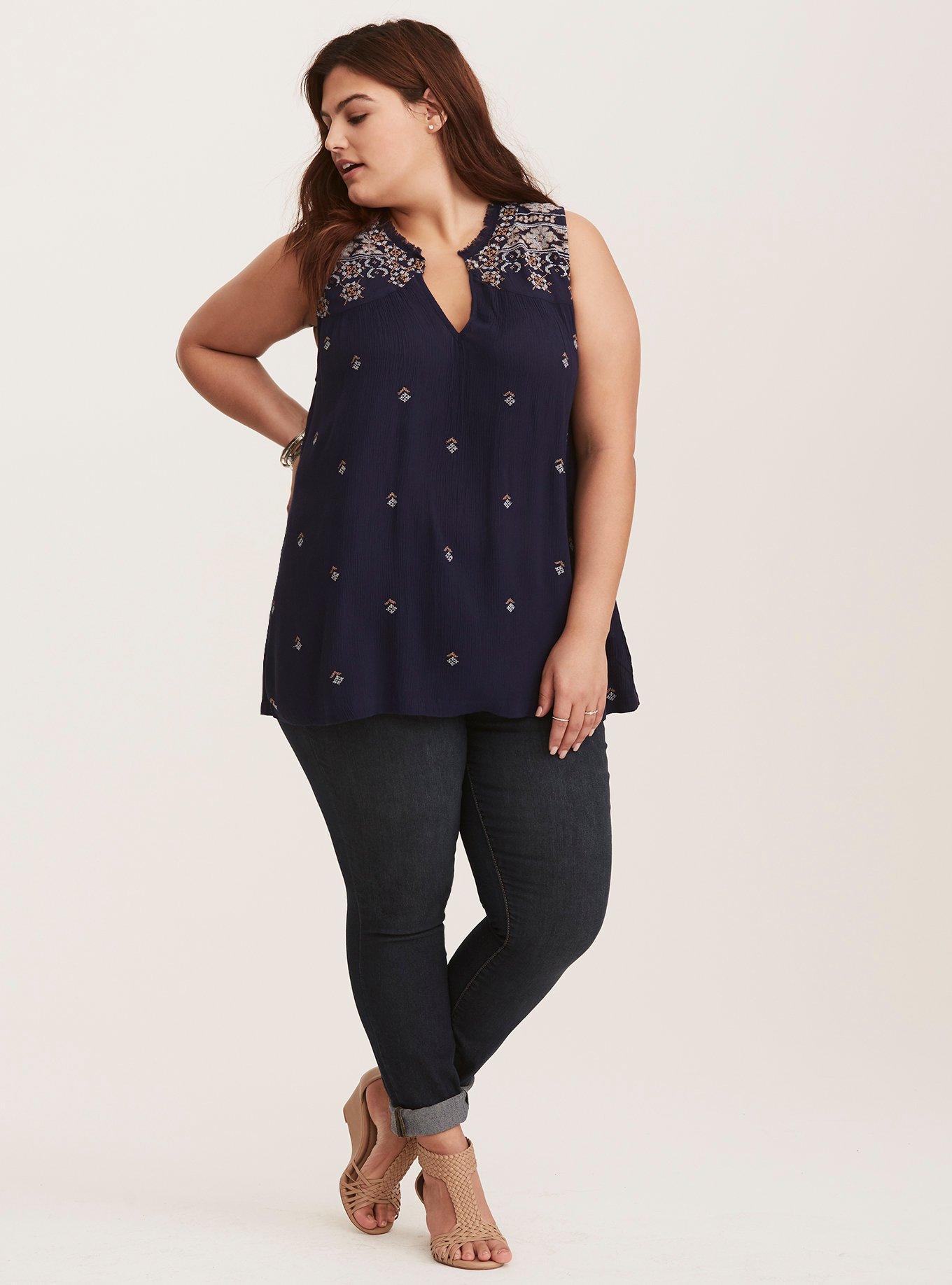 Plus Size Embroidered Gauze Tank Top, PEACOAT, alternate