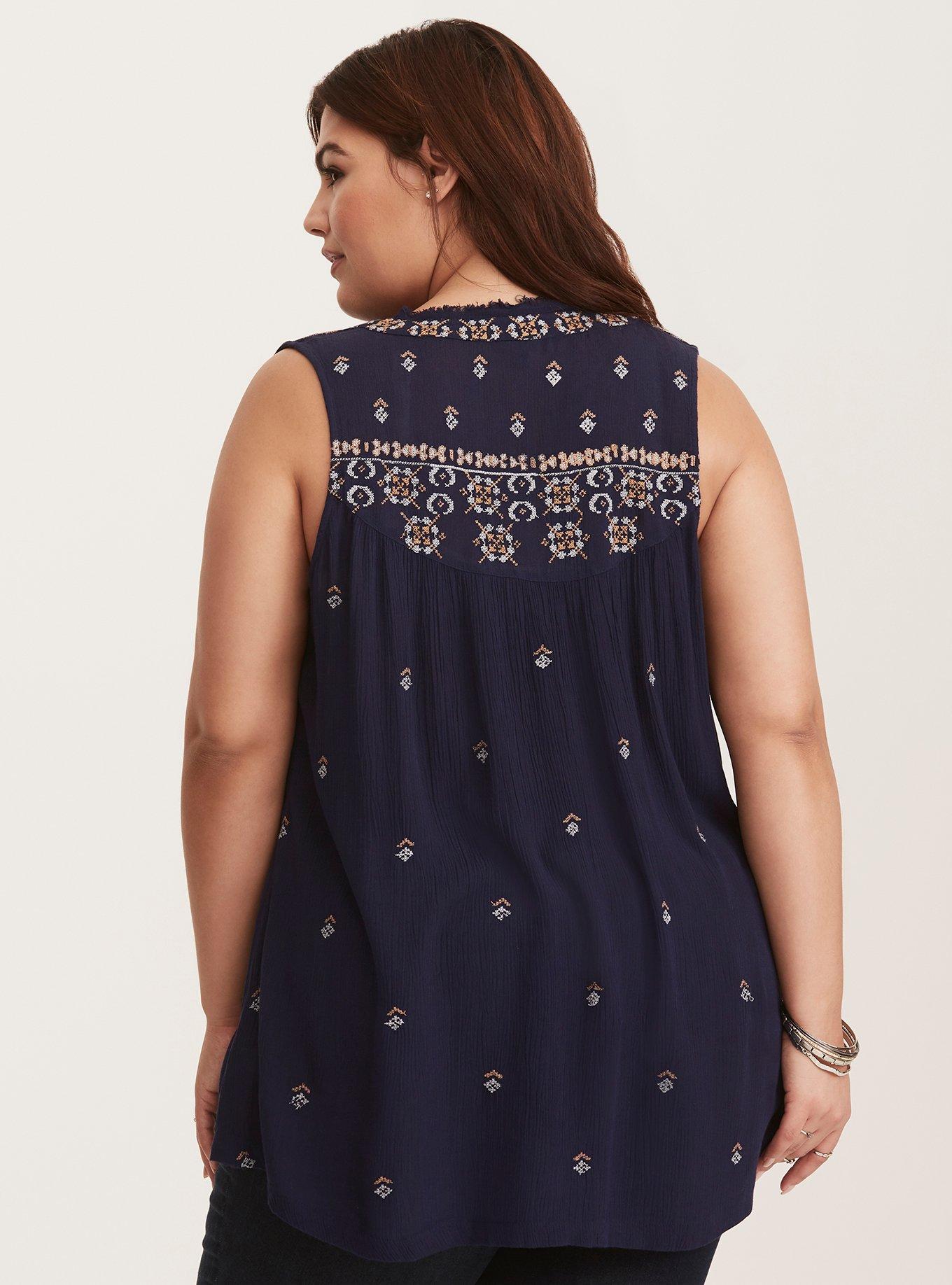 Plus Size Embroidered Gauze Tank Top, PEACOAT, alternate