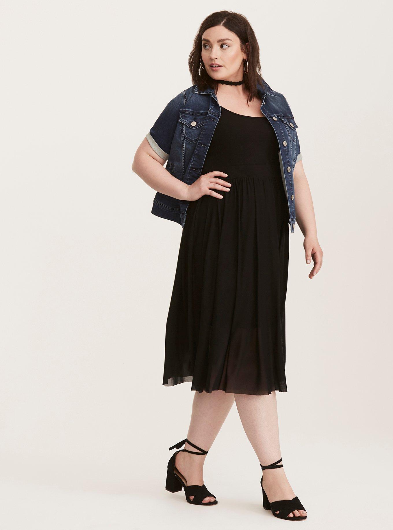 Plus Size Knit to Mesh Skater Dress, DEEP BLACK, alternate