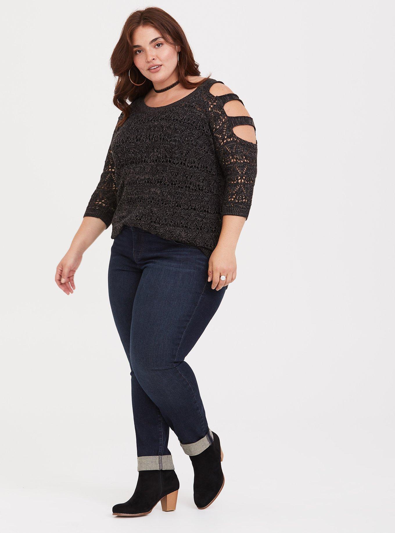 Grey Ladder & Pointelle Knit Sweater, GREY, alternate