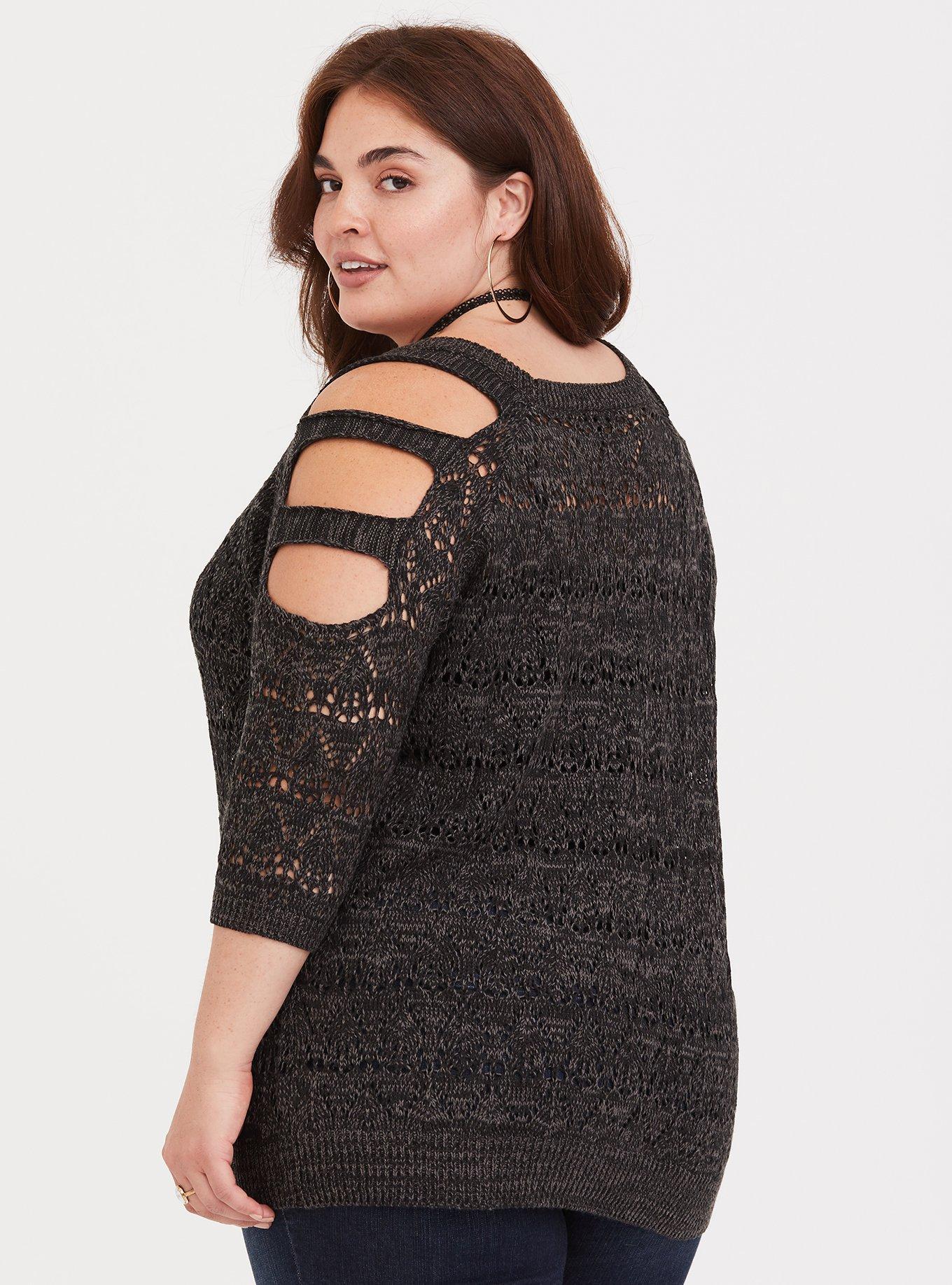 Grey Ladder & Pointelle Knit Sweater, GREY, alternate