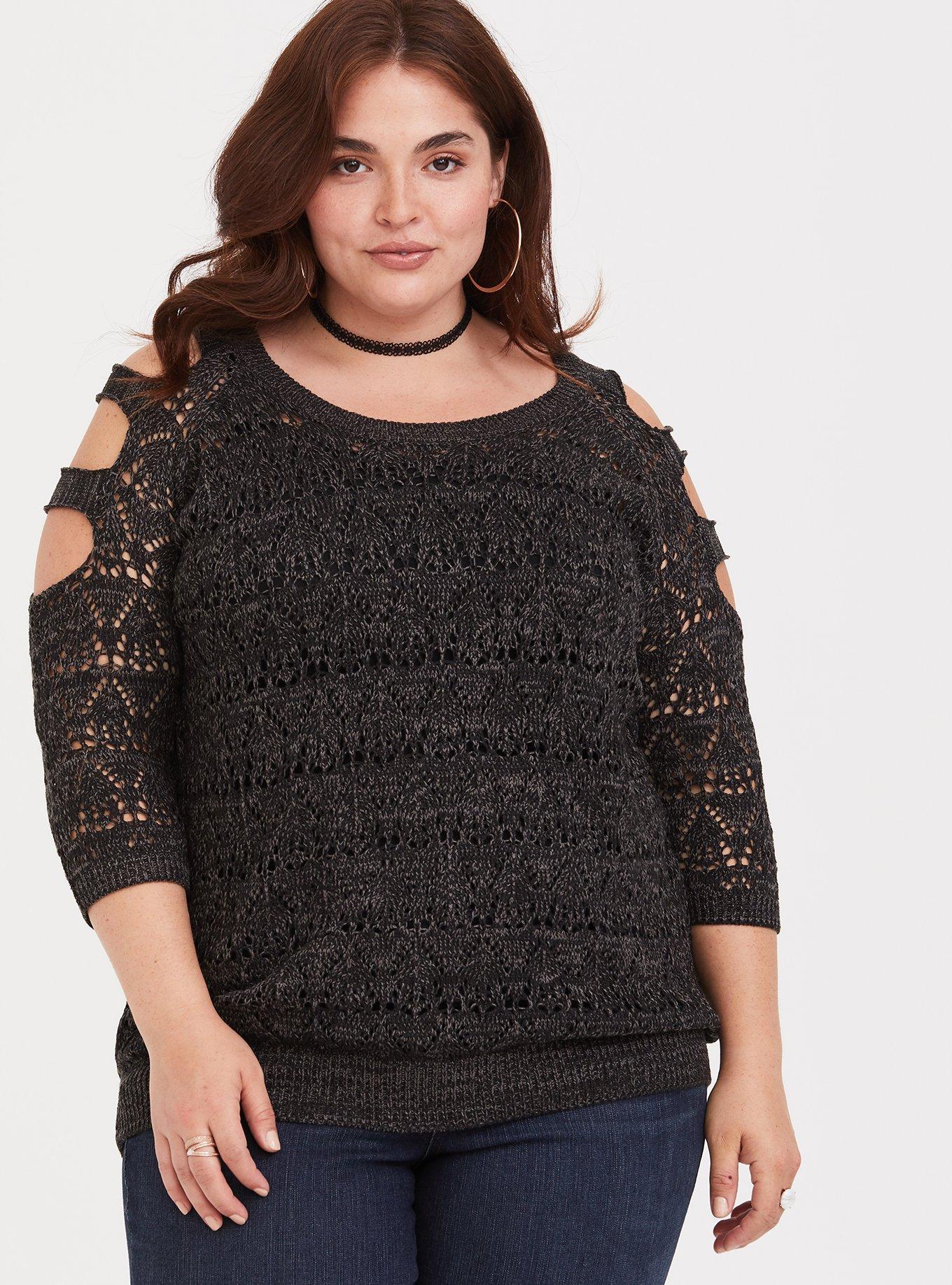 Grey Ladder & Pointelle Knit Sweater, GREY, alternate