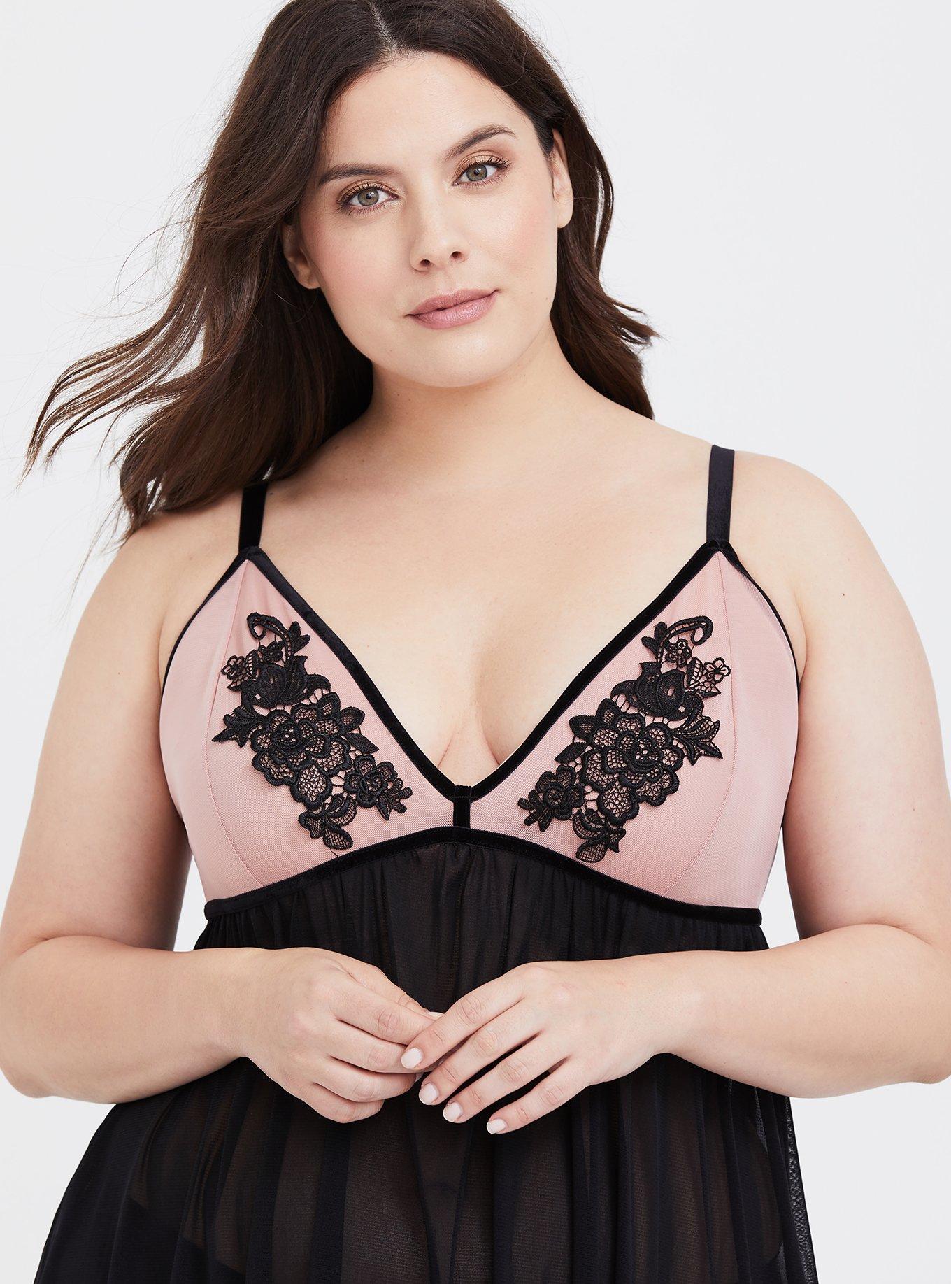 Pink & Black Floral Applique Mesh Babydoll, , alternate
