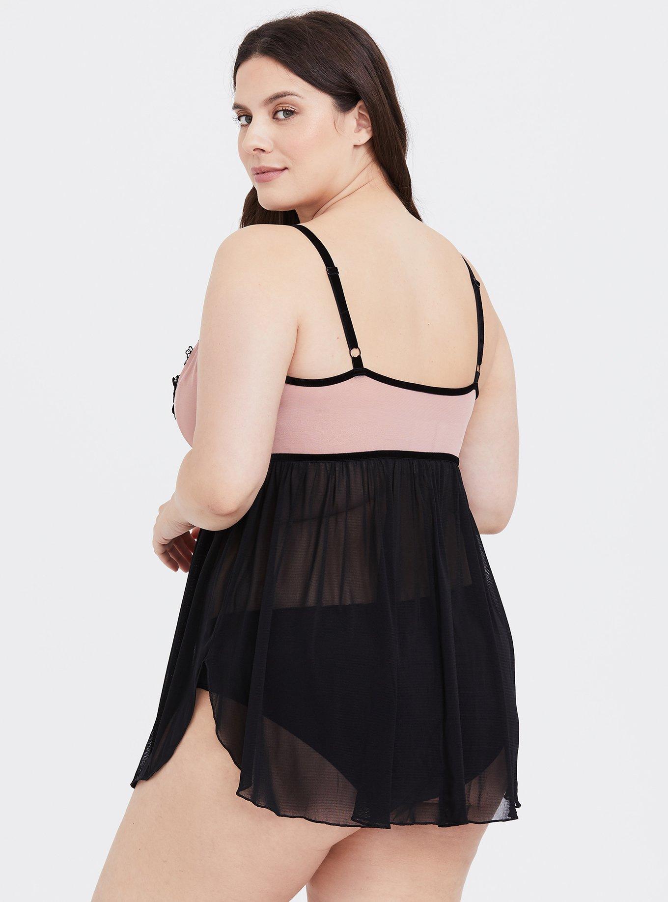 Pink & Black Floral Applique Mesh Babydoll, , alternate