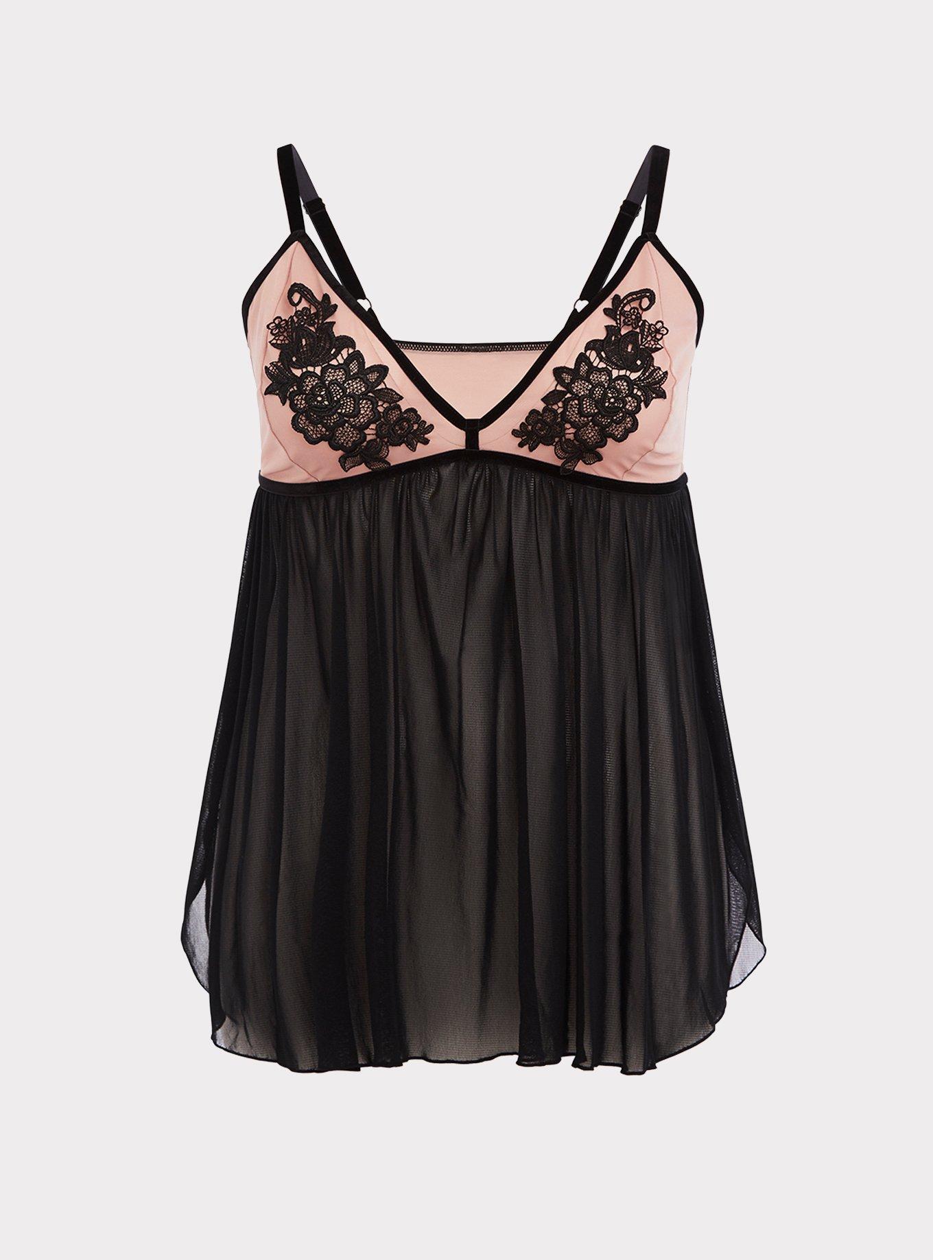 Pink & Black Floral Applique Mesh Babydoll, , hi-res