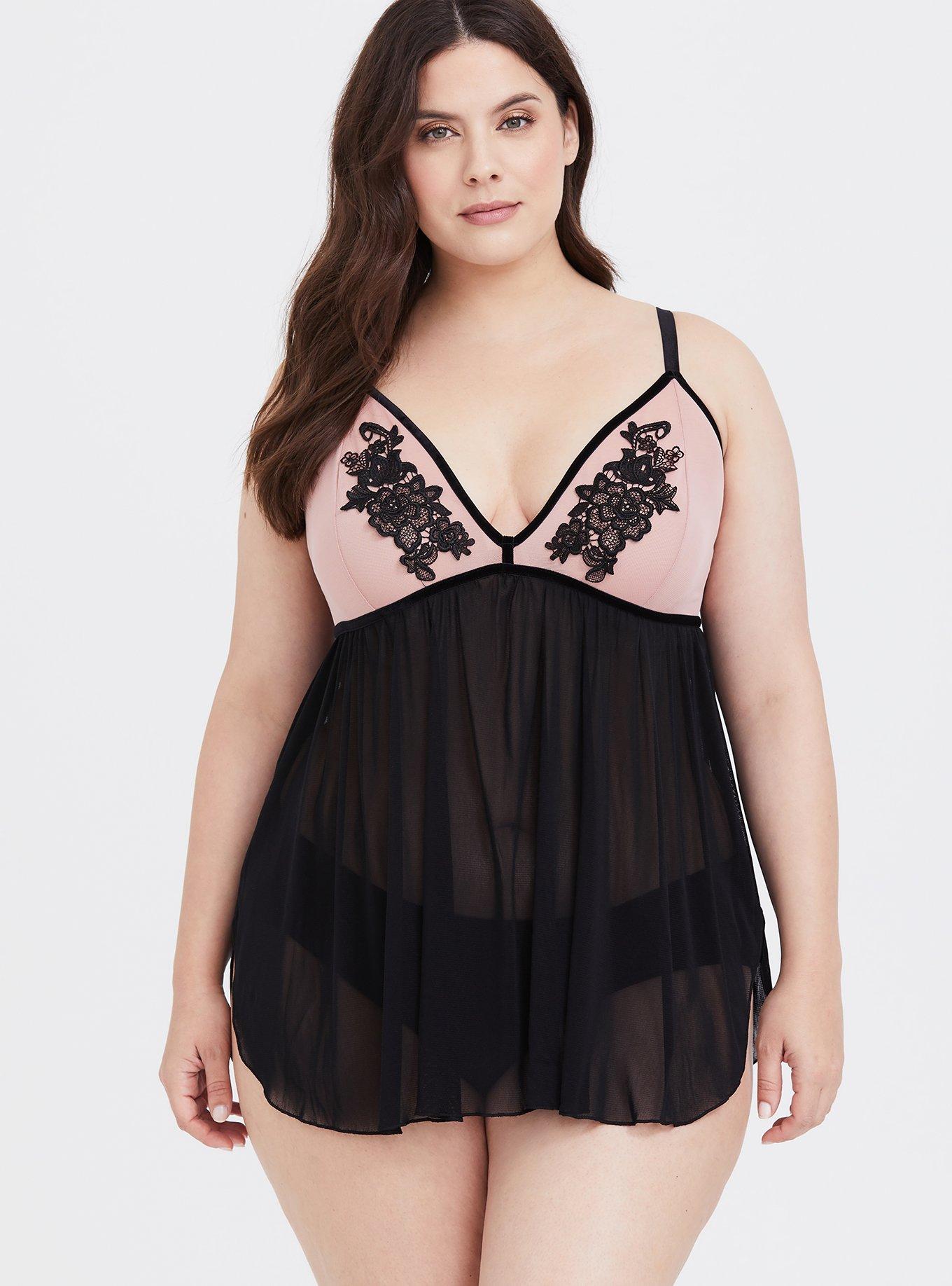 Pink & Black Floral Applique Mesh Babydoll, , hi-res