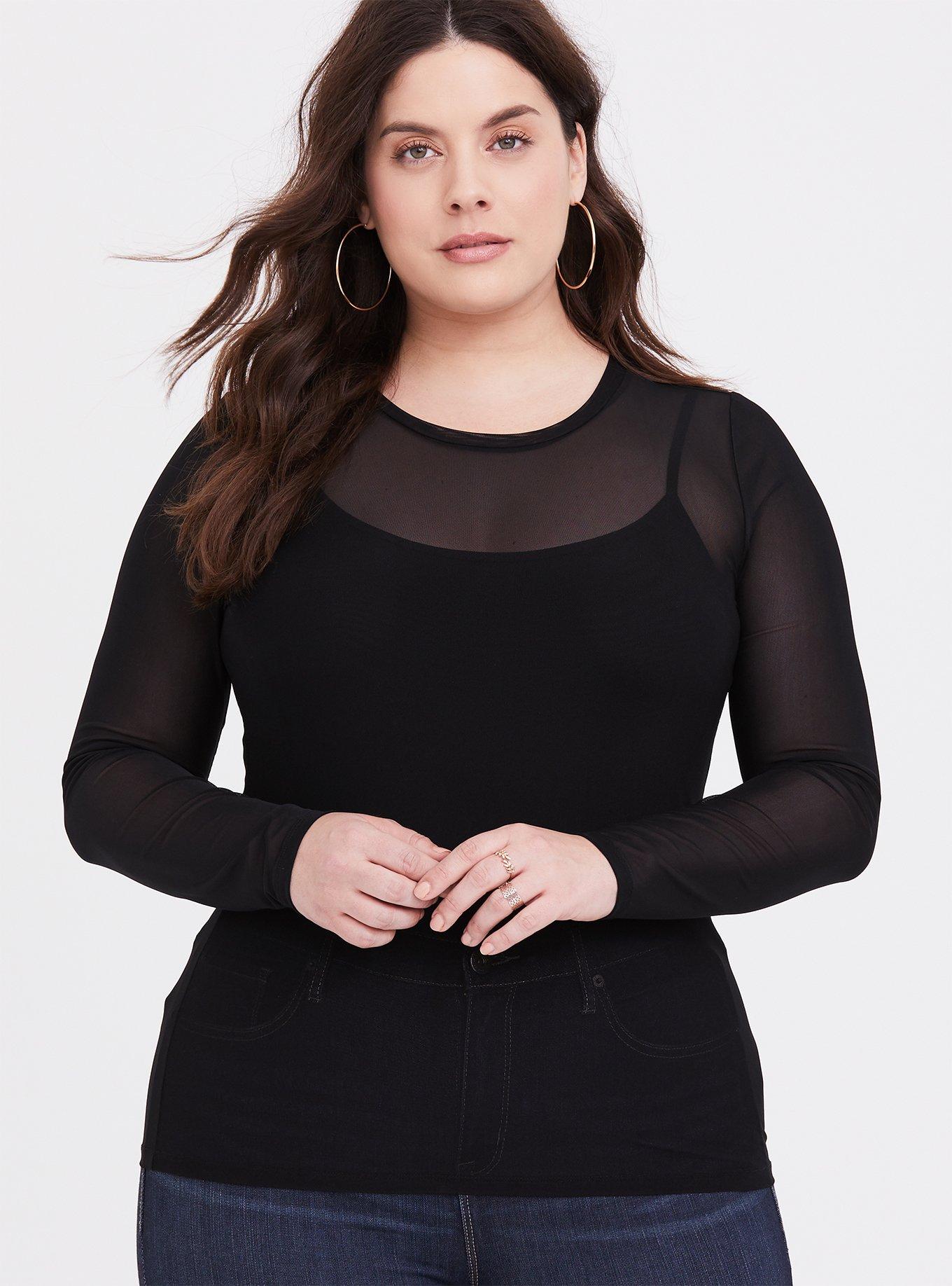 Scvgkk Women's Plus Size Sexy See Through Mesh Long Sleeve Blouse