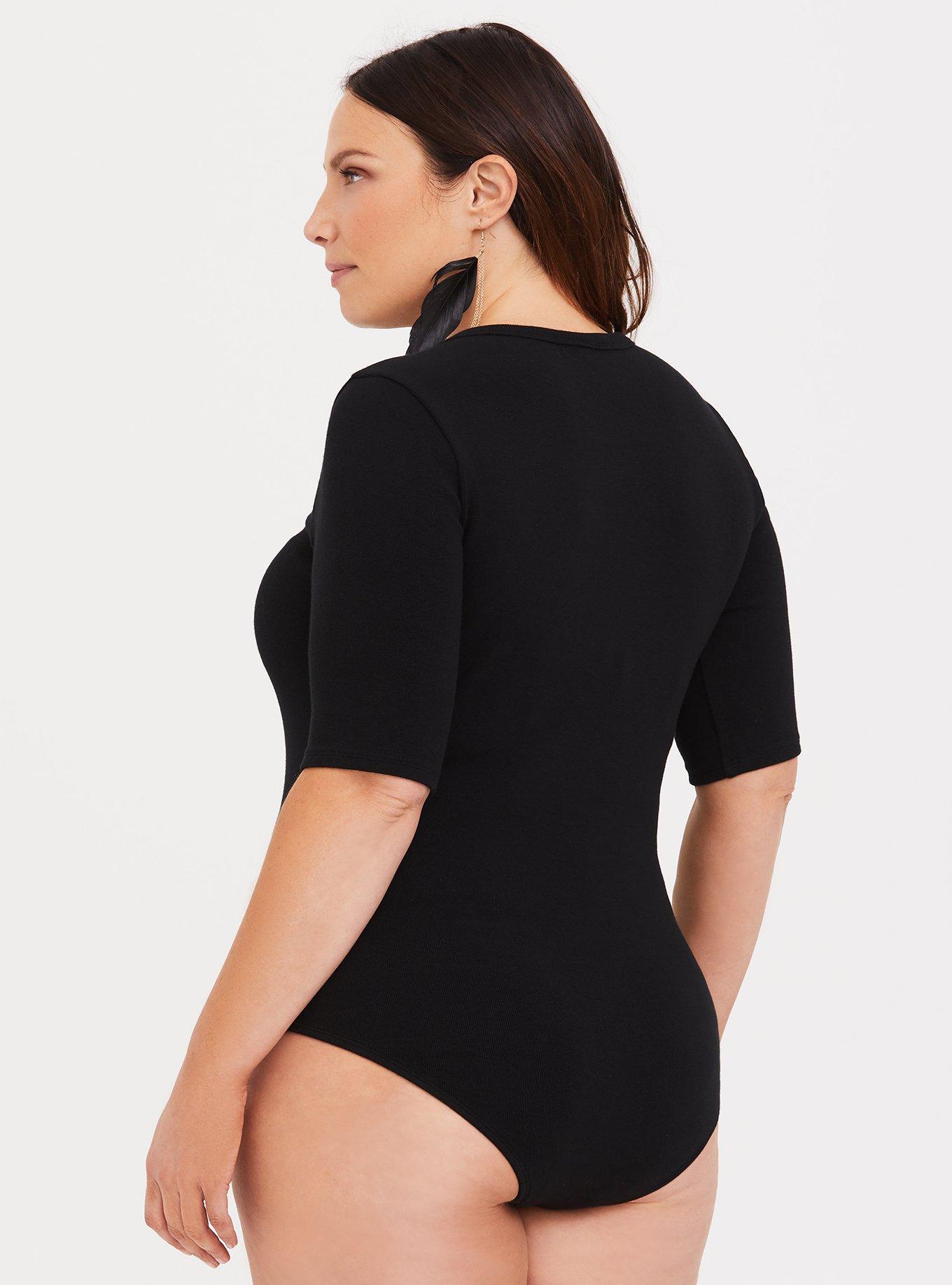 Black Ribbed Crew Neck Bodysuit, DEEP BLACK, alternate