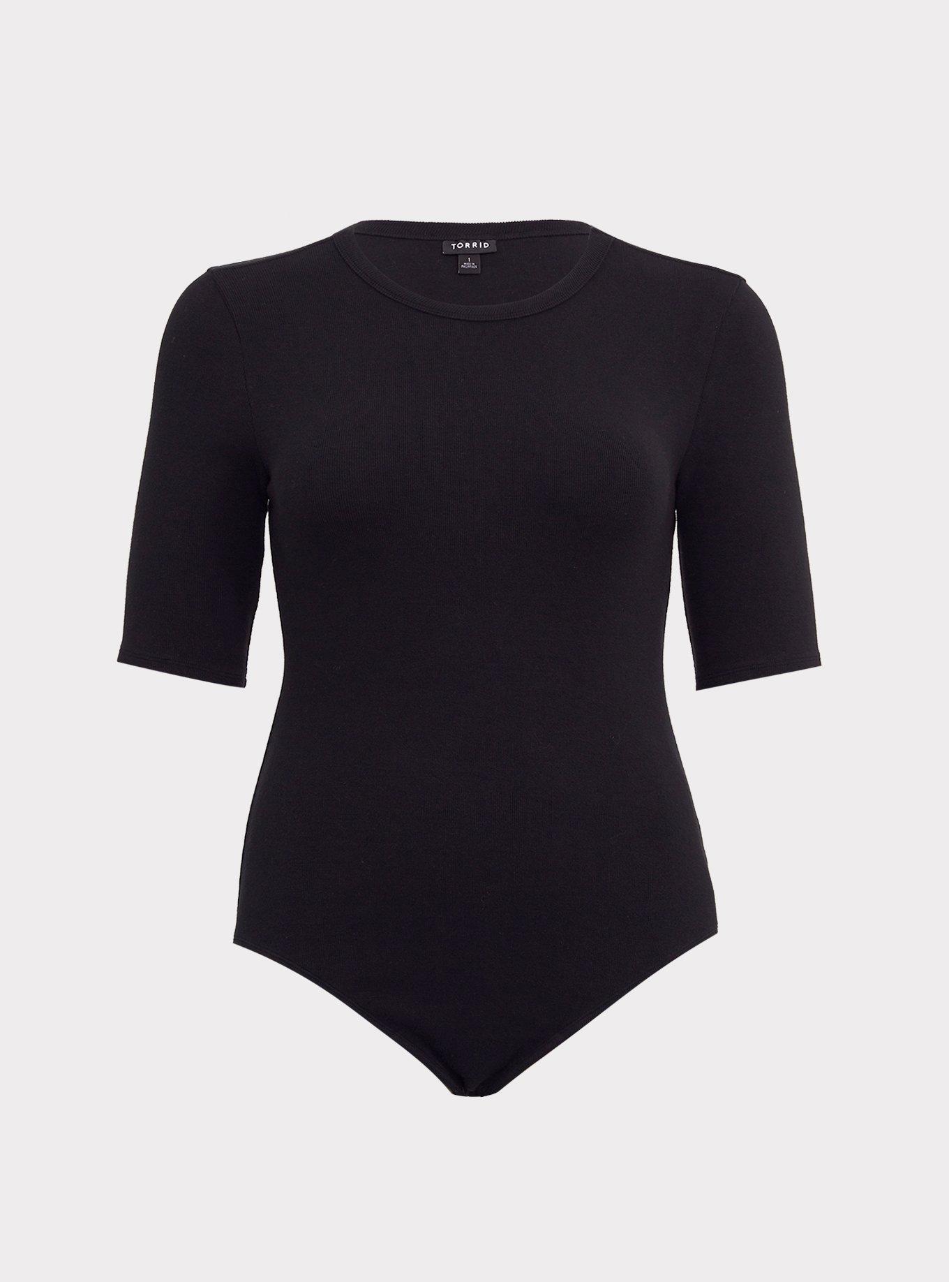 Black Ribbed Crew Neck Bodysuit, , hi-res