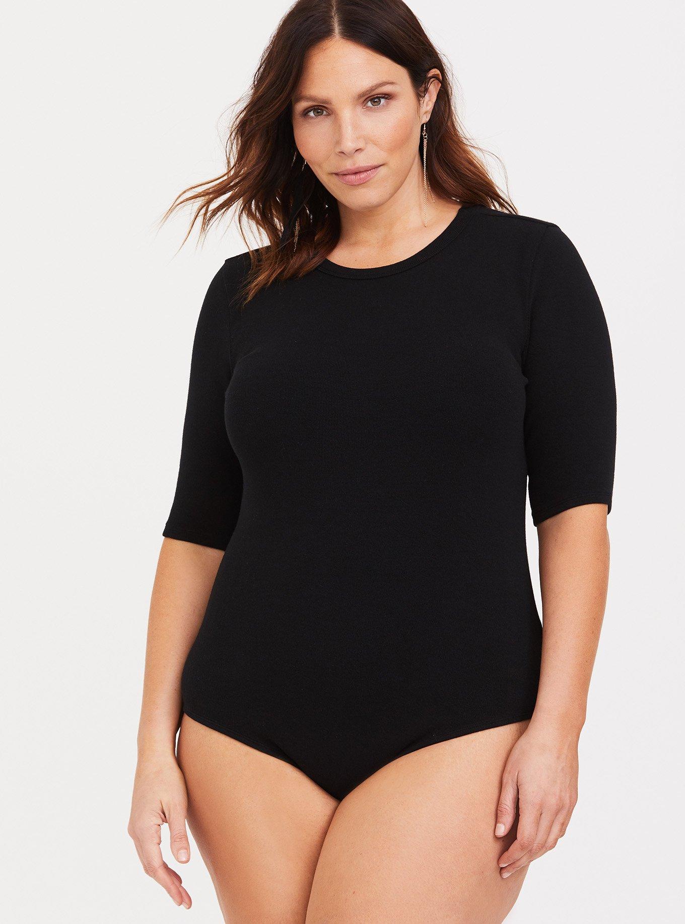Black Ribbed Crew Neck Bodysuit, , hi-res