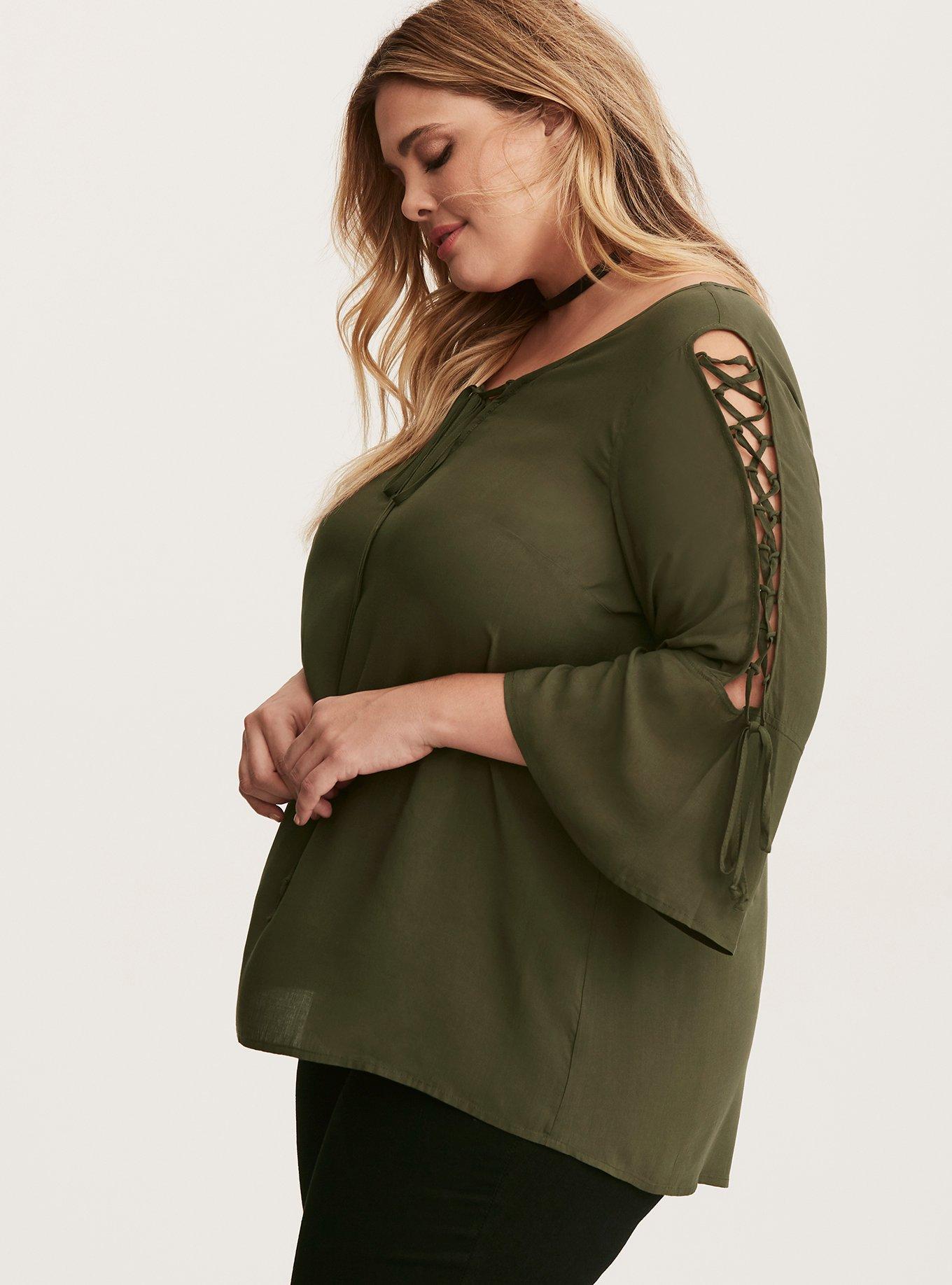 Lace Up Sleeve Challis Blouse, DEEP DEPTHS, hi-res