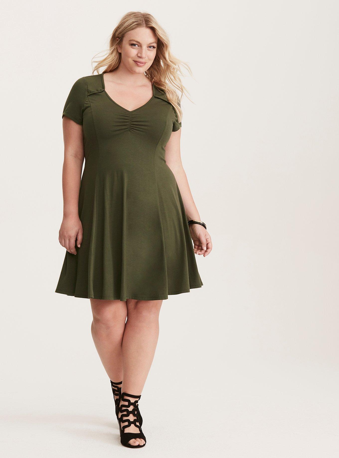 Plus Size Olive Cinched Front Jersey Fluted Skater Dress Torrid