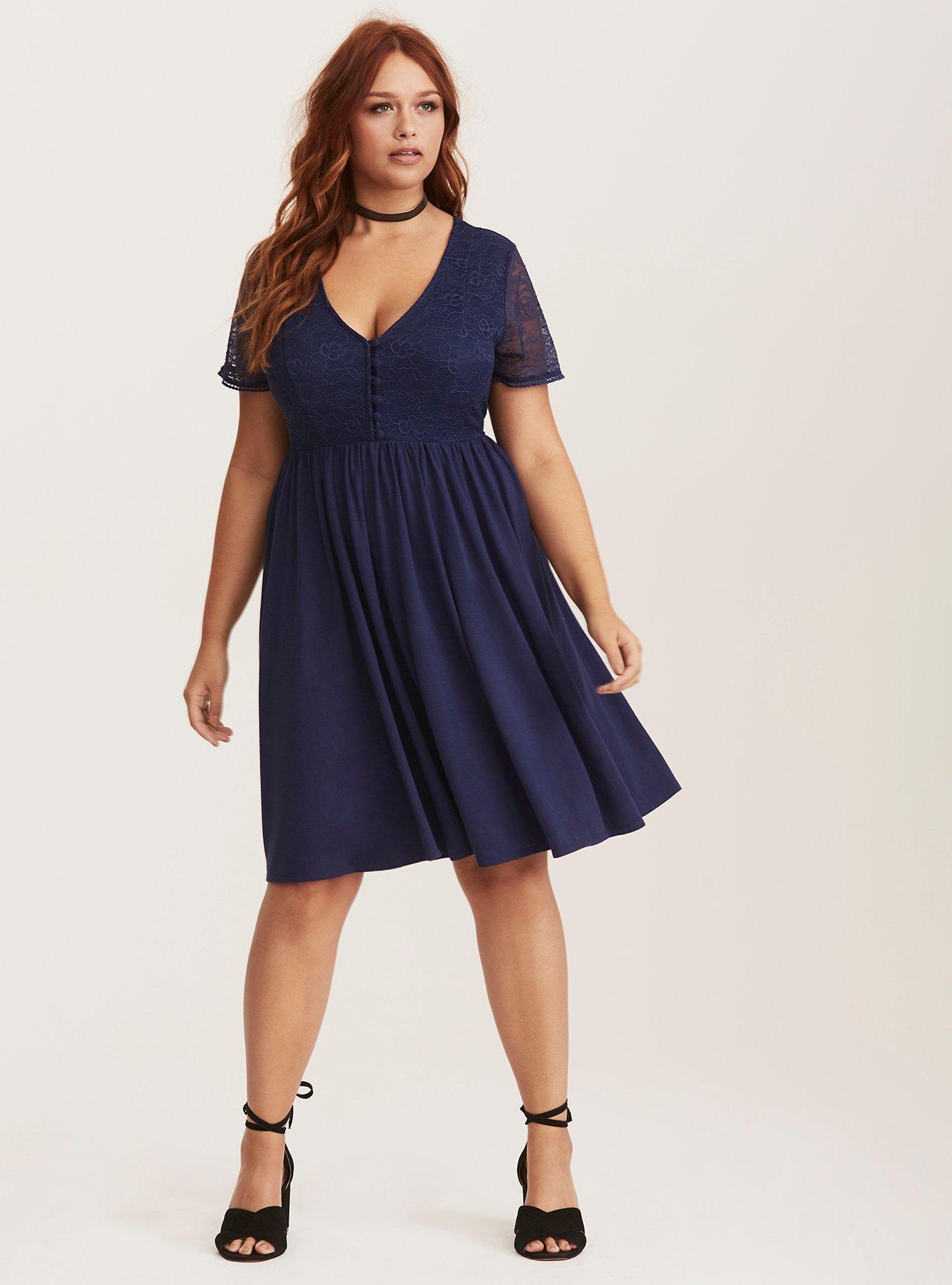 Plus Size Jersey Lace Babydoll Skater Dress, MEDIEVAL BLUE, alternate