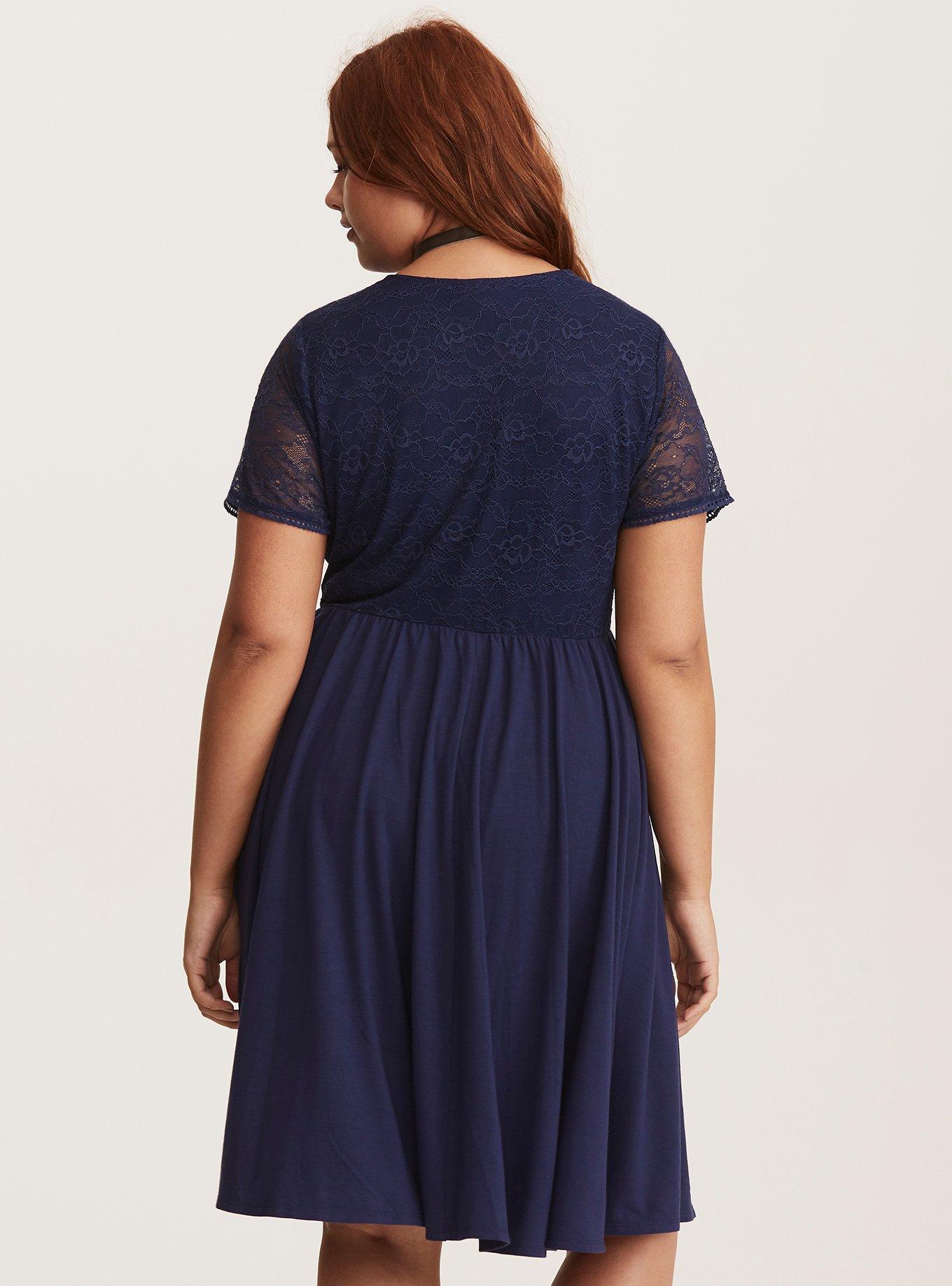 Plus Size Jersey Lace Babydoll Skater Dress, MEDIEVAL BLUE, alternate