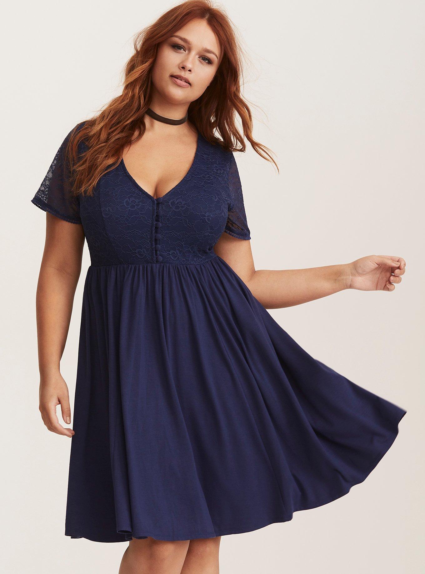Plus Size Jersey Lace Babydoll Skater Dress, MEDIEVAL BLUE, hi-res
