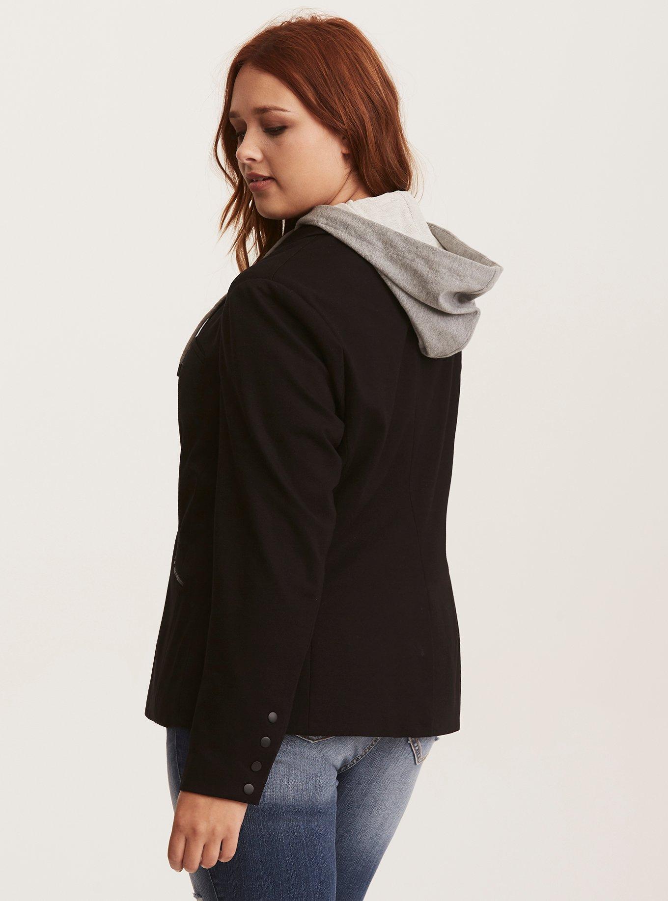 Plus Size Knit Hood Blazer, DEEP BLACK, alternate