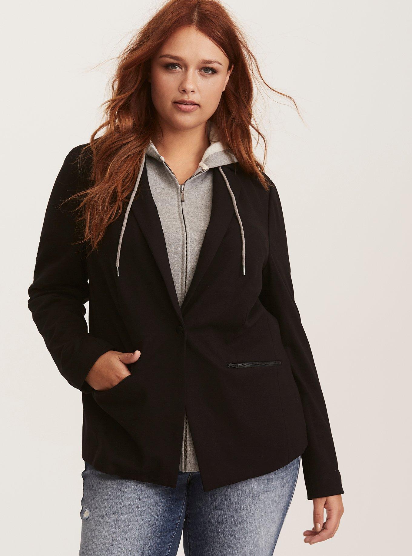 Women's blazer with outlet hoodie attached