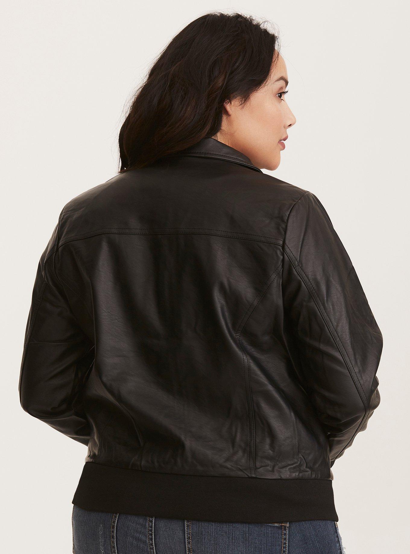 Faux Leather Bomber Jacket, DEEP BLACK, alternate