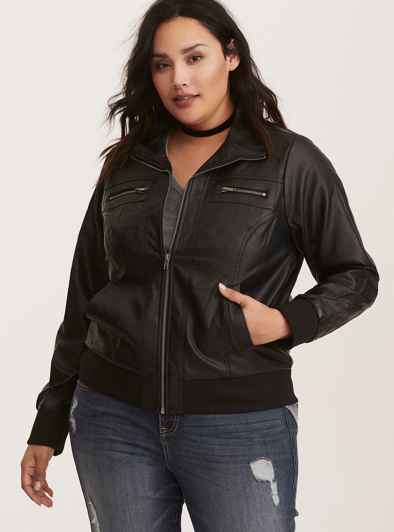 Faux Leather Bomber Jacket, DEEP BLACK, hi-res