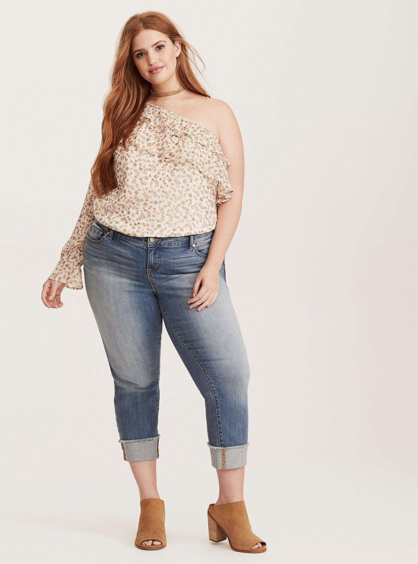 Plus Size Floral Print Chiffon Ruffled One Shoulder Top, NONEC, alternate