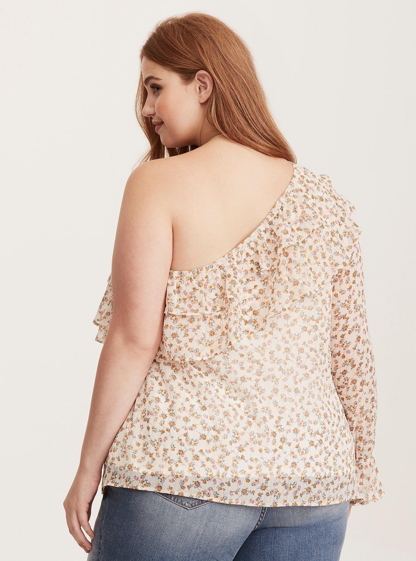 Plus Size Floral Print Chiffon Ruffled One Shoulder Top, NONEC, alternate