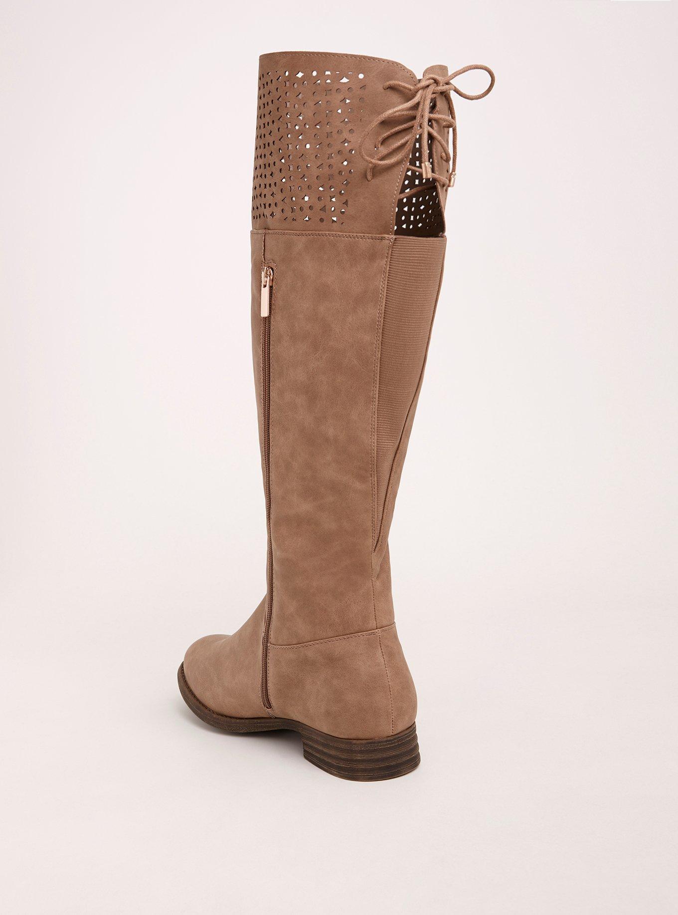 Plus Size Perforated Lace Up Back Knee-High Boots (Wide Width & Wide Calf), BEIGE, alternate