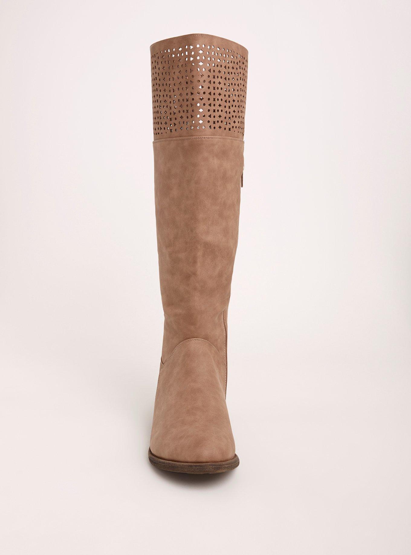 Plus Size Perforated Lace Up Back Knee-High Boots (Wide Width & Wide Calf), BEIGE, alternate