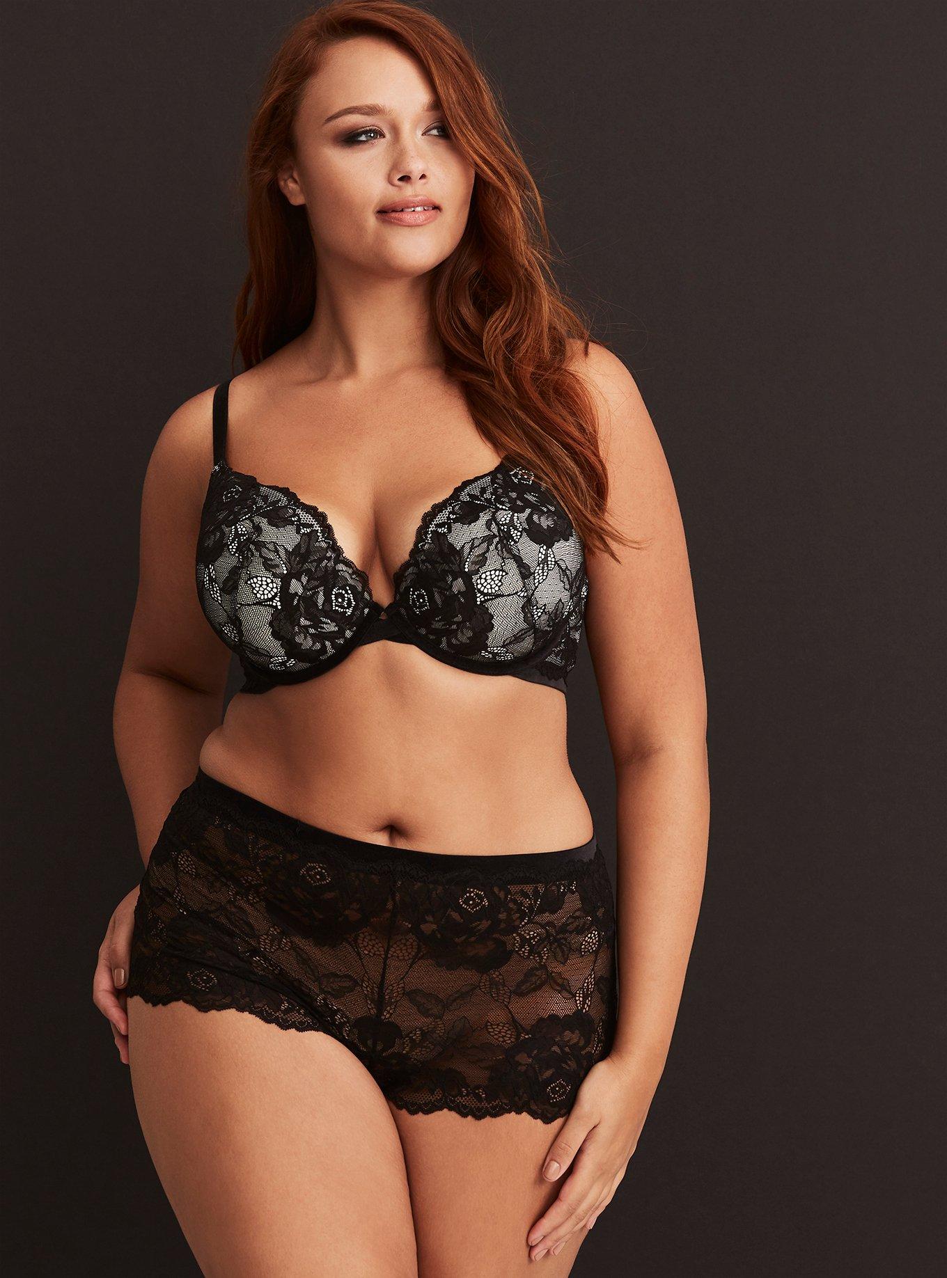 Plus Size Black Velvet Trim Lace Cheeky Panty, BLACK, alternate