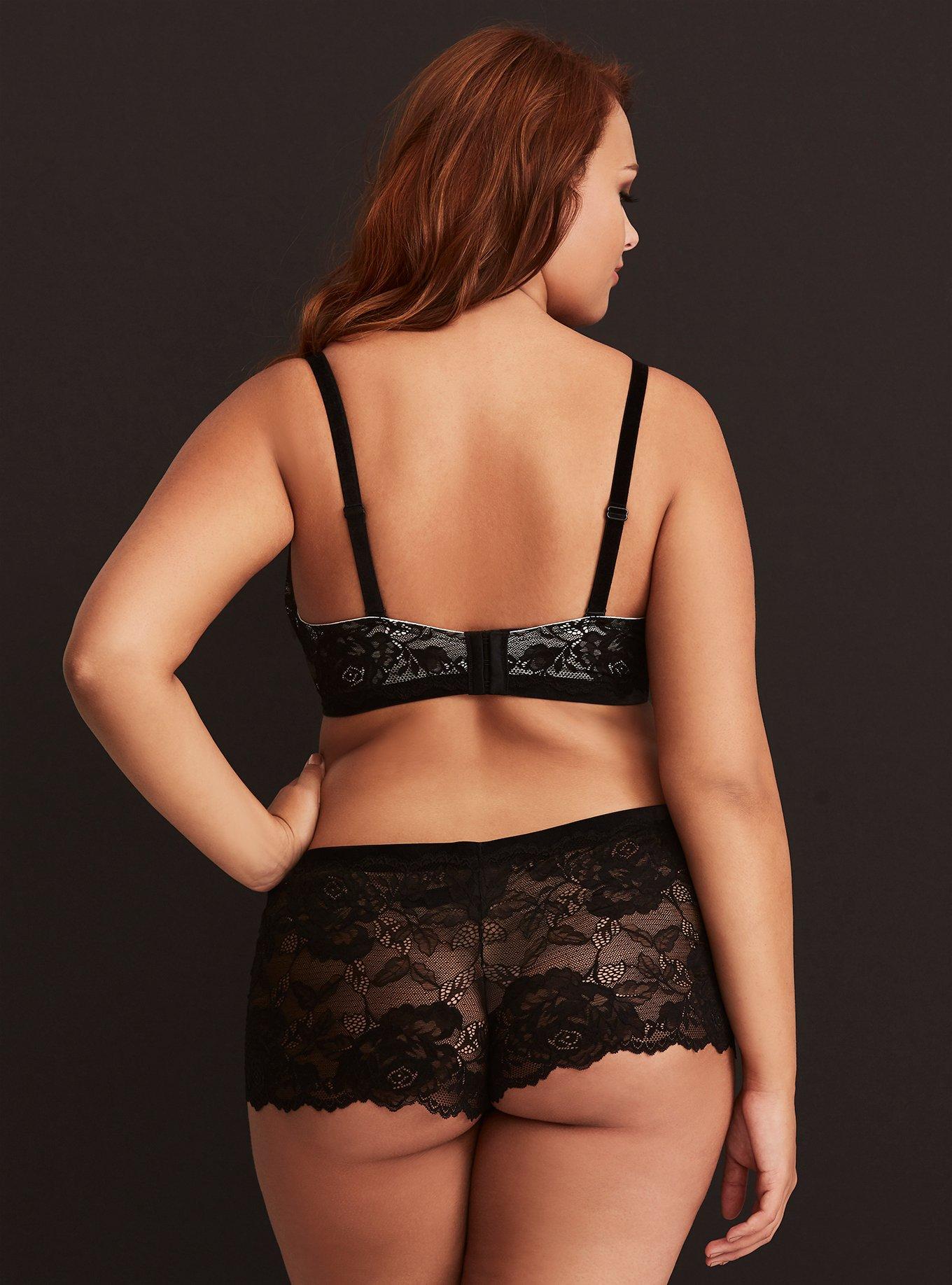 Plus Size Black Velvet Trim Lace Cheeky Panty, BLACK, alternate