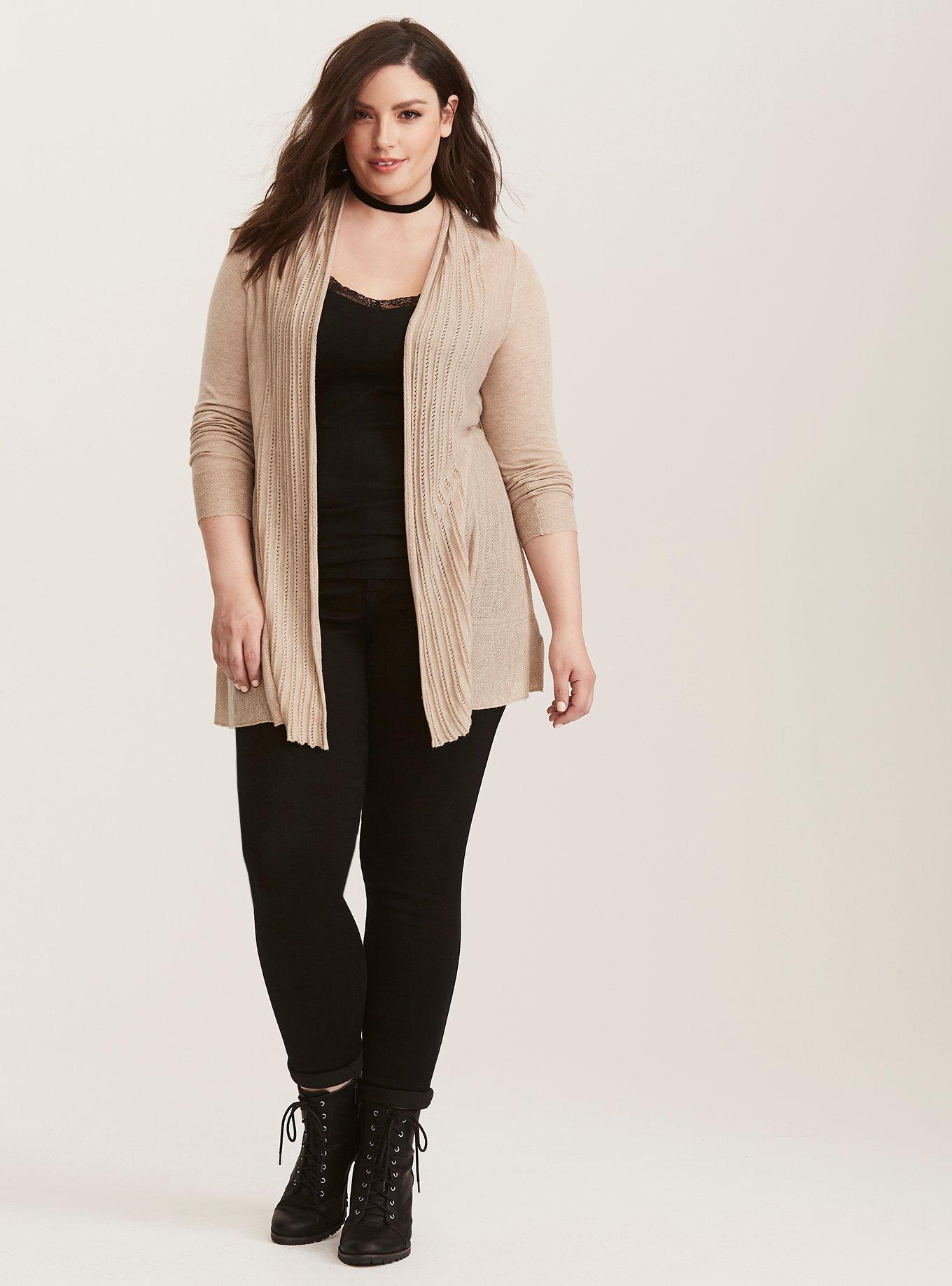 Plus Size Tan Pointelle Fit & Flare Open Cardigan, NONEC, alternate
